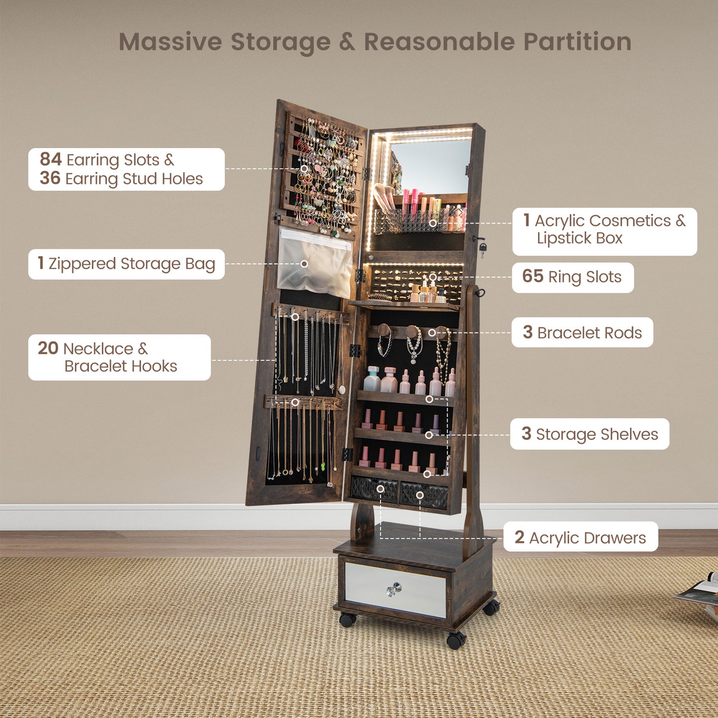 Lockable Jewelry Armoire Cabinet with Full-Length Mirror & LED