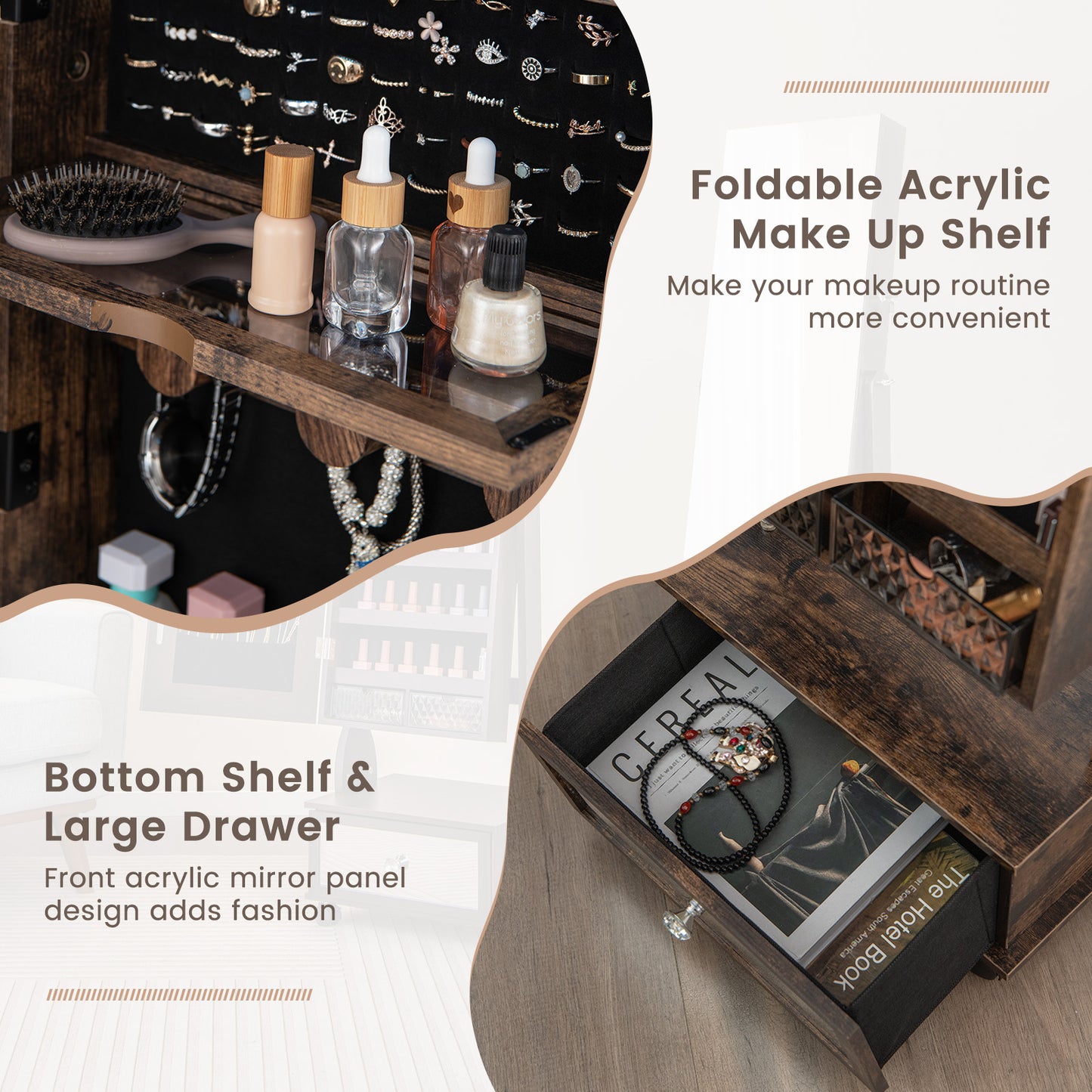 Lockable Jewelry Armoire Cabinet with Full-Length Mirror & LED