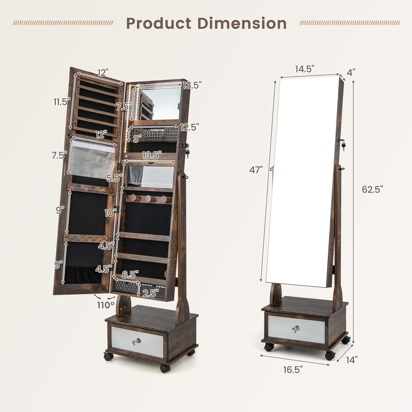 Lockable Jewelry Armoire Cabinet with Full-Length Mirror & LED