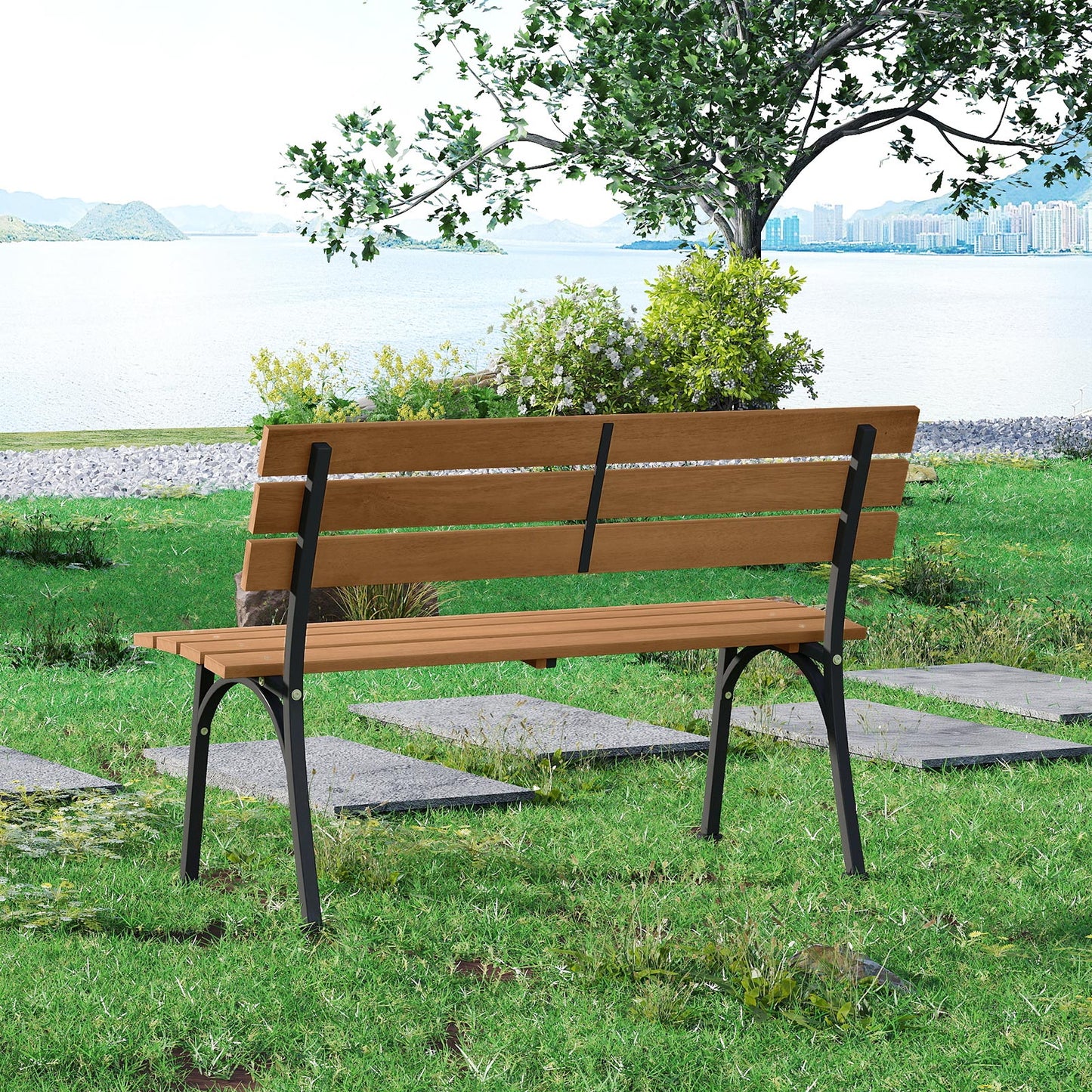 Acacia Wood Outdoor Bench with Metal Frame, 47 Inch