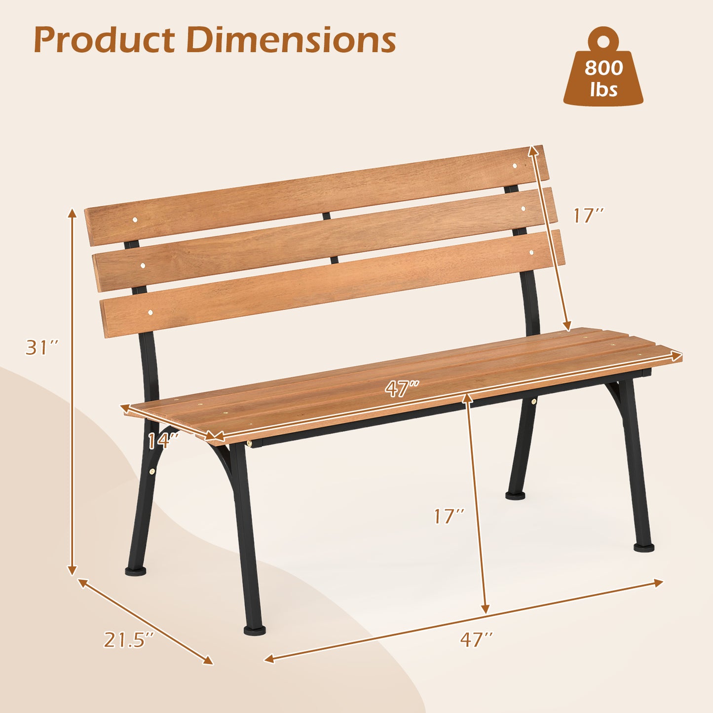 Acacia Wood Outdoor Bench with Metal Frame, 47 Inch
