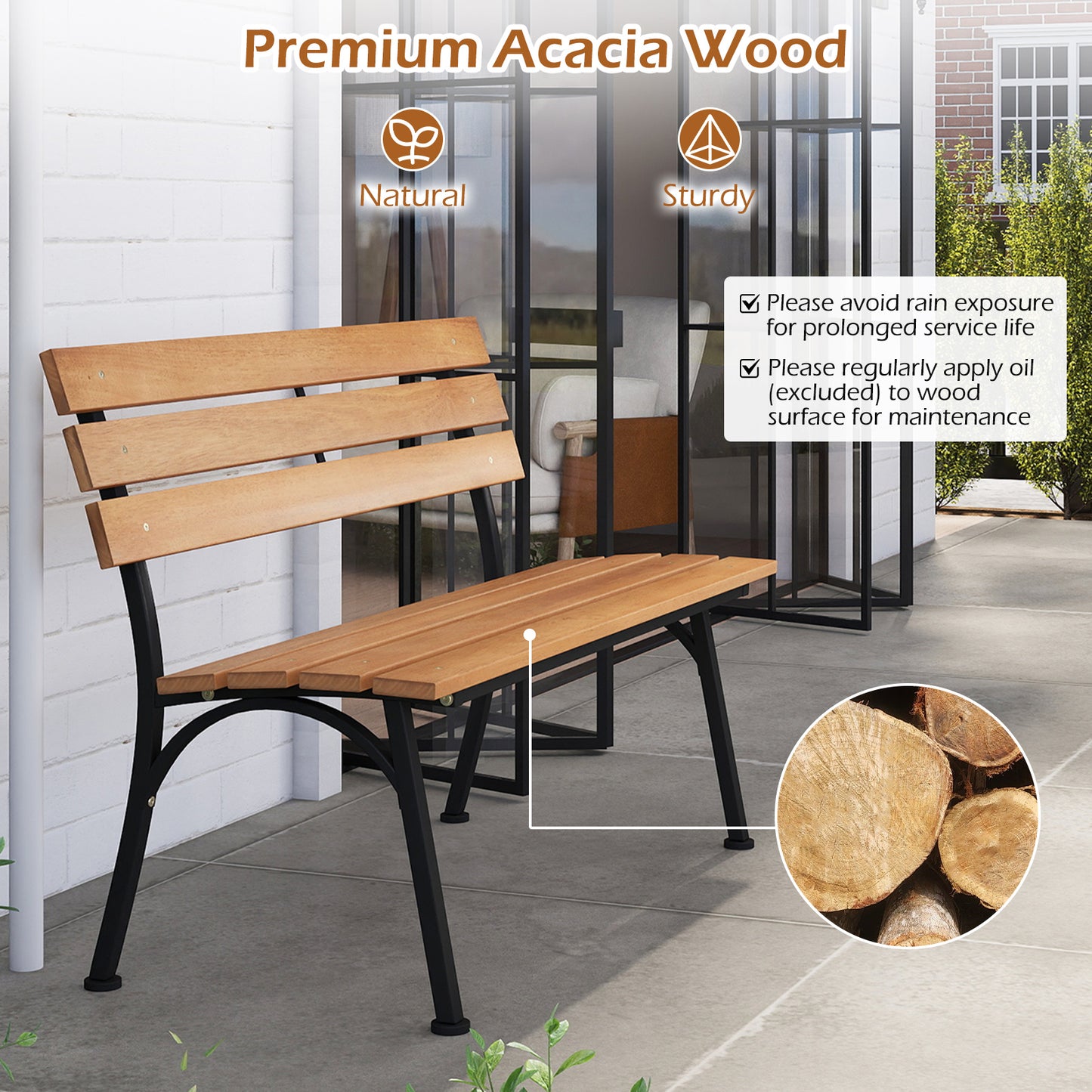 Acacia Wood Outdoor Bench with Metal Frame, 47 Inch