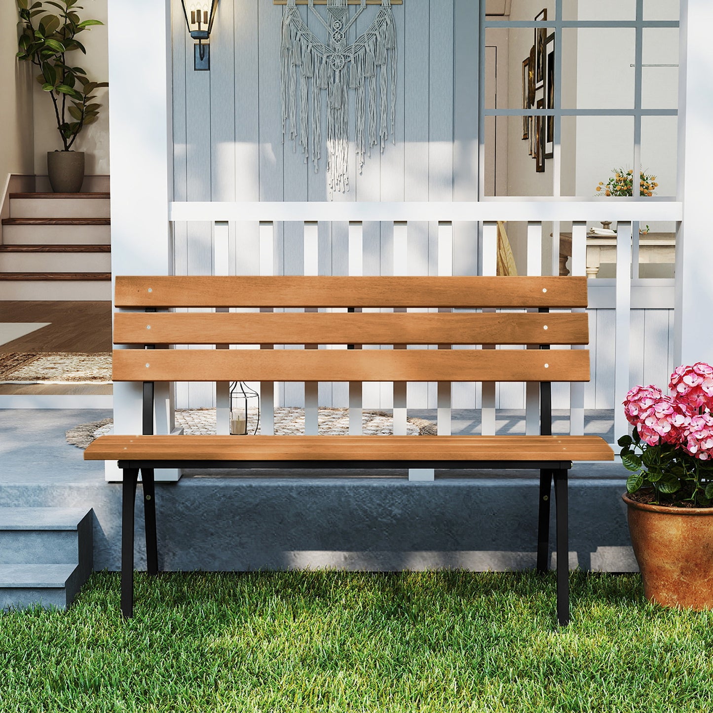 Acacia Wood Outdoor Bench with Metal Frame, 47 Inch