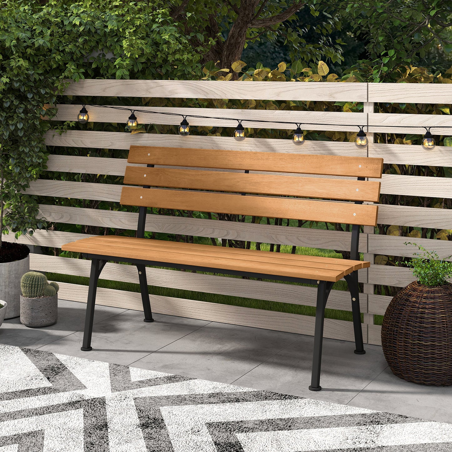 Acacia Wood Outdoor Bench with Metal Frame, 47 Inch