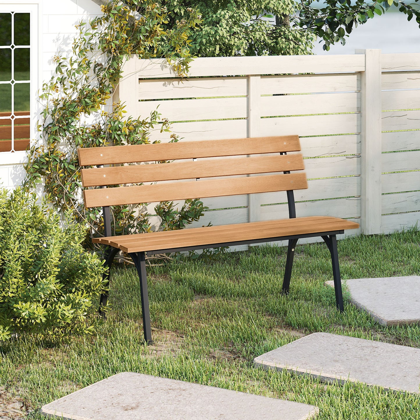 Acacia Wood Outdoor Bench with Metal Frame, 47 Inch