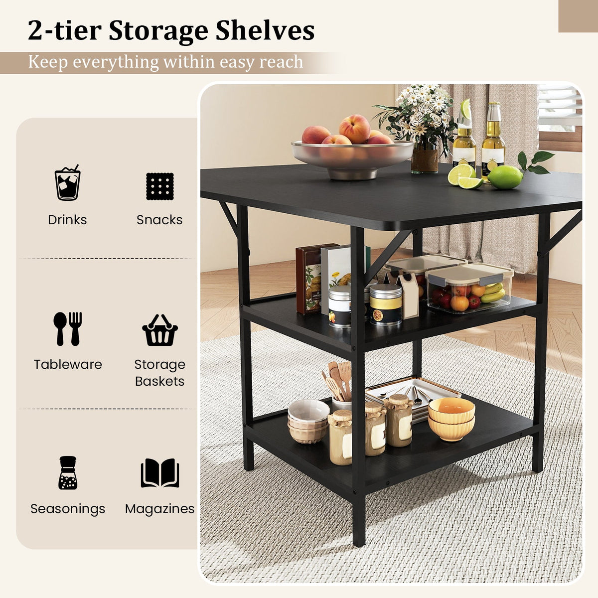 47 Inch Rectangular Dining Table with 2 Open Storage Shelves and Sturdy Metal Legs for 4-6