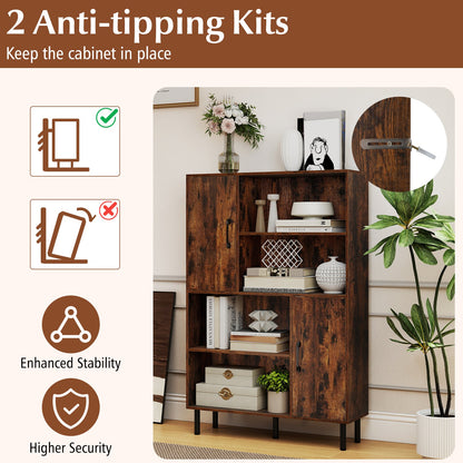47 Inch Storage Cabinet Freestanding Bookcase with 2 Doors and 4 Open Shelves
