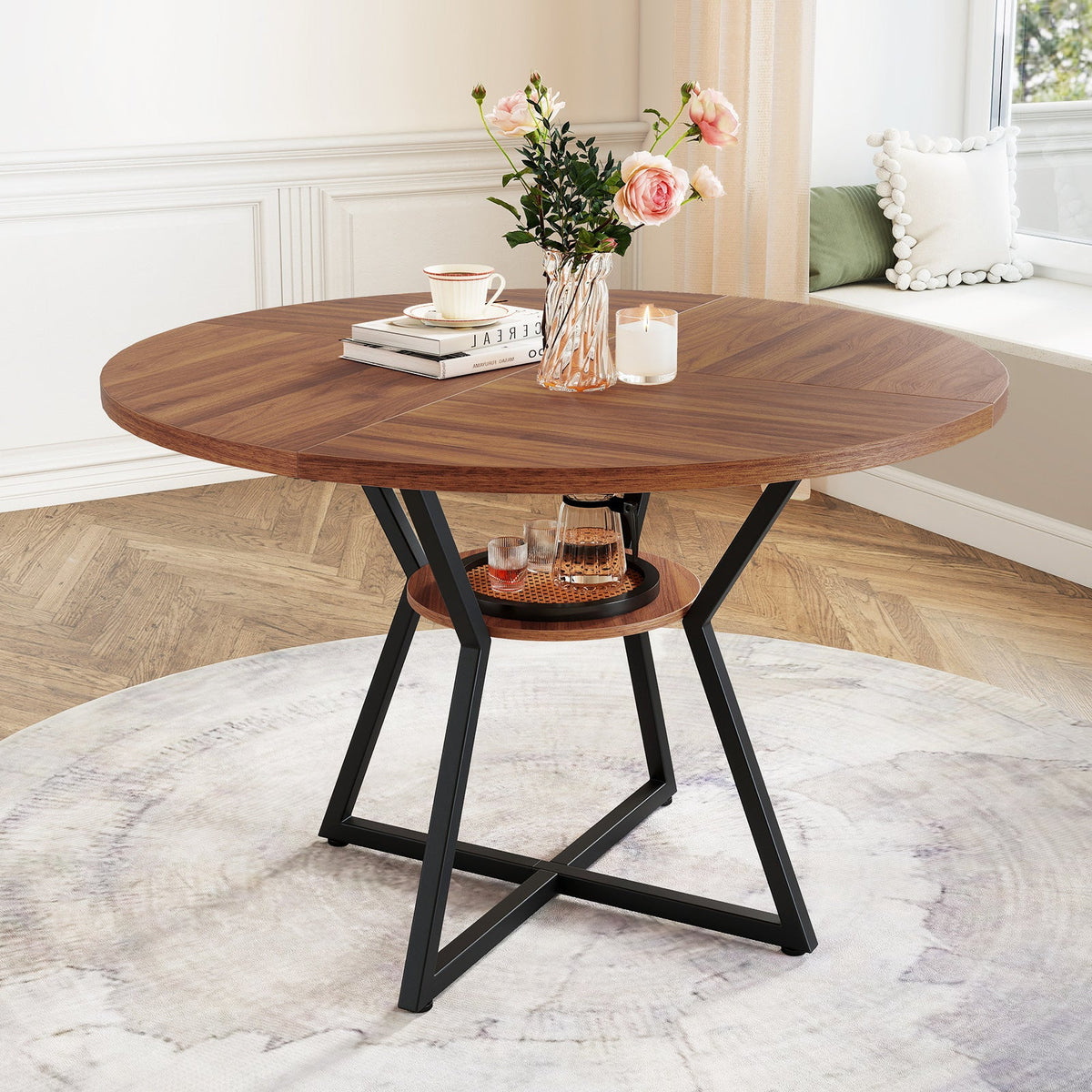 47" Round Dining Table for 4 with Storage Shelf-Brown