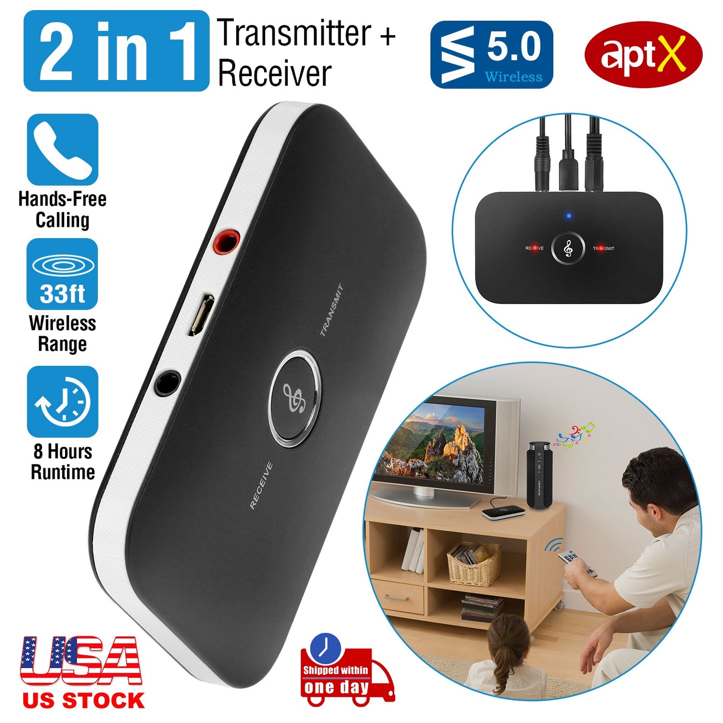 Bluetooth 5.0 Audio Transmitter Receiver with aptX Low Latency