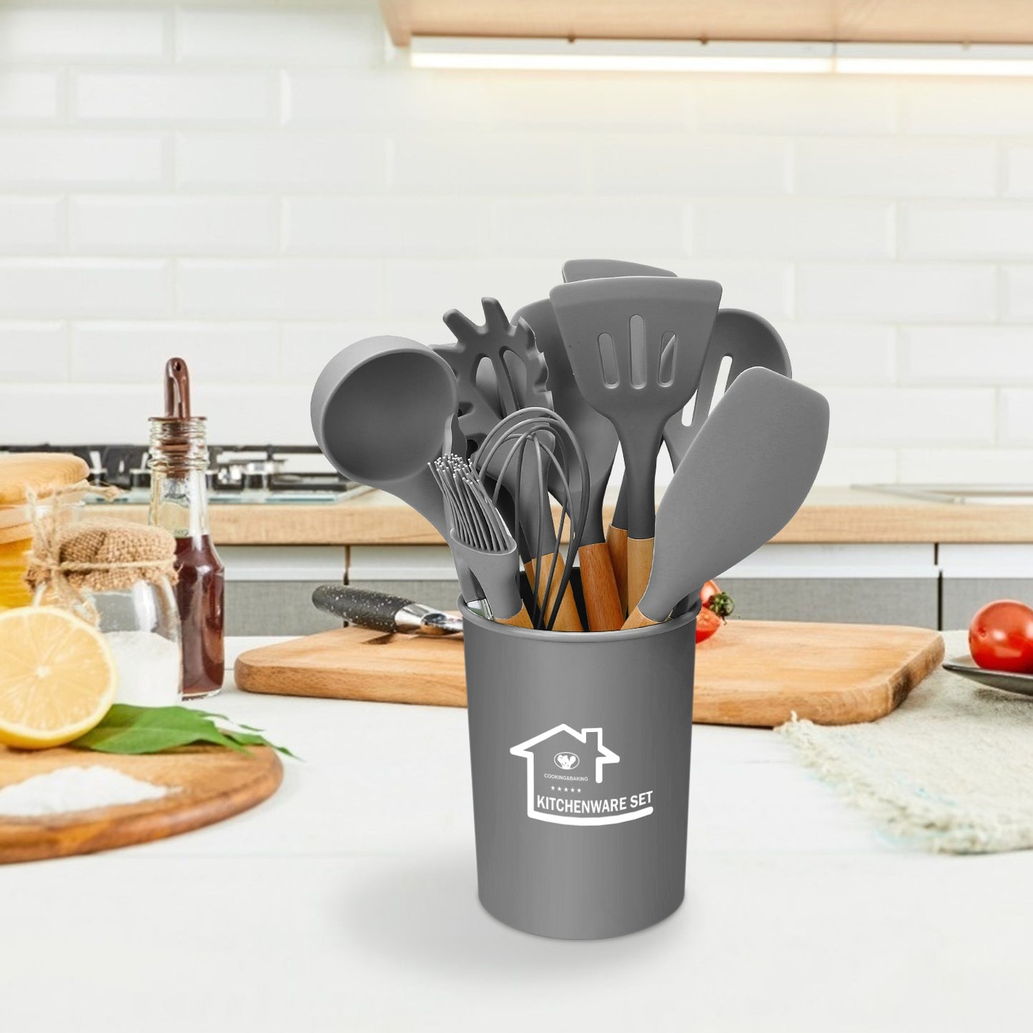 Silicone Cooking Utensil Set, 11-Piece with Wooden Handles