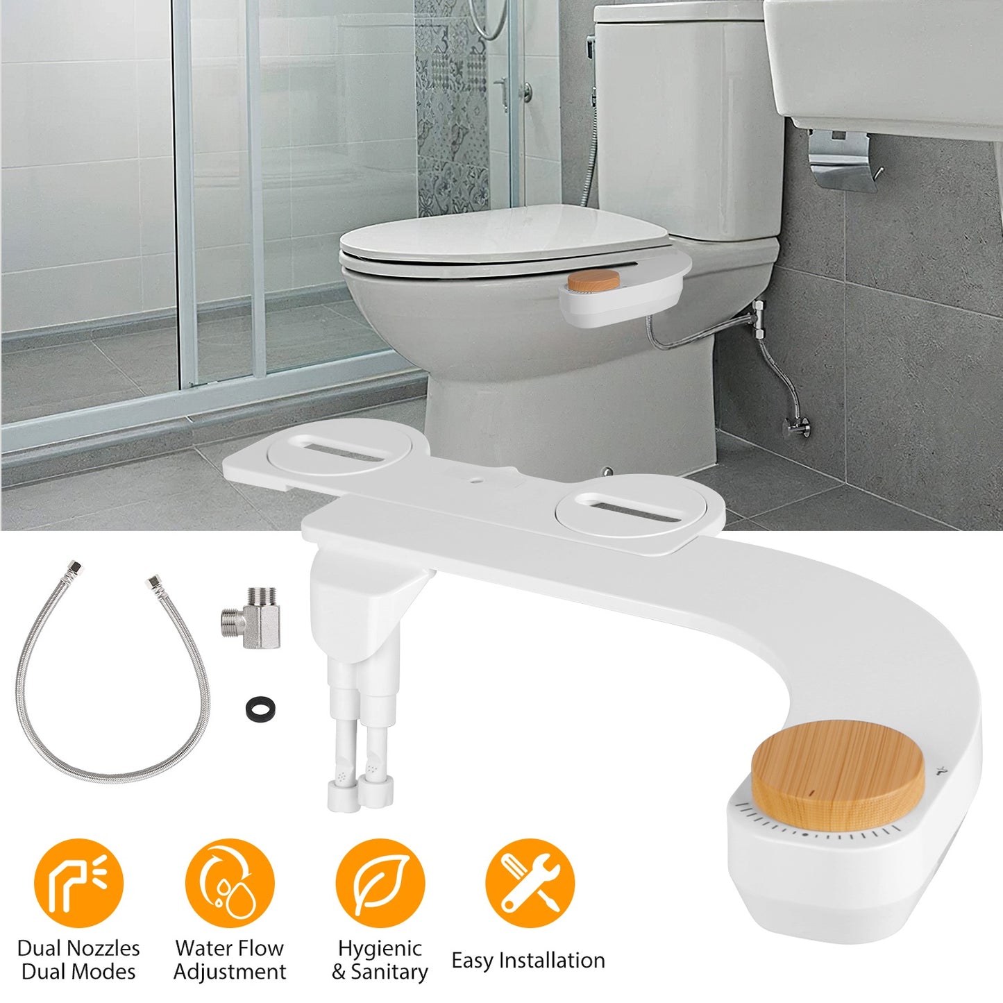 Bidet Attachment with Dual Nozzles and Water Flow Control
