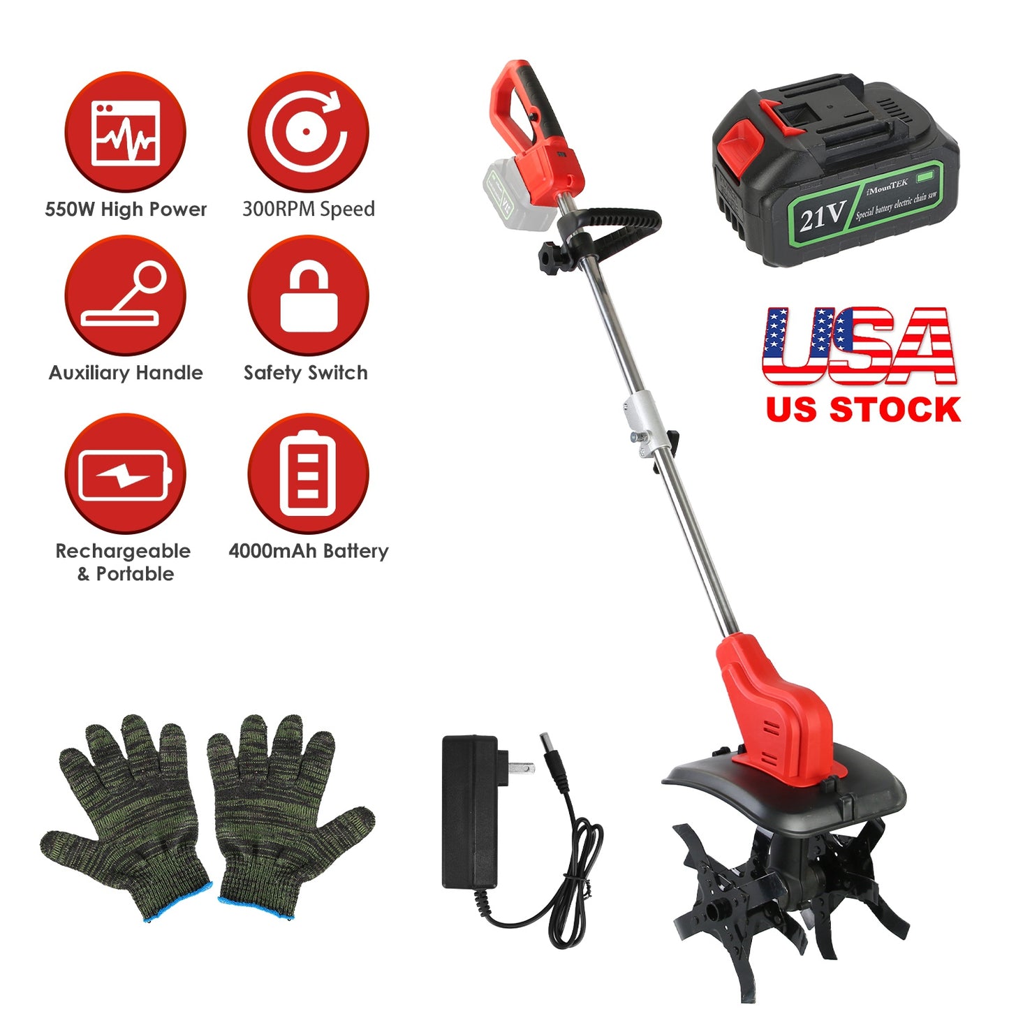 21V Cordless Electric Tiller Cultivator with 4 Blades