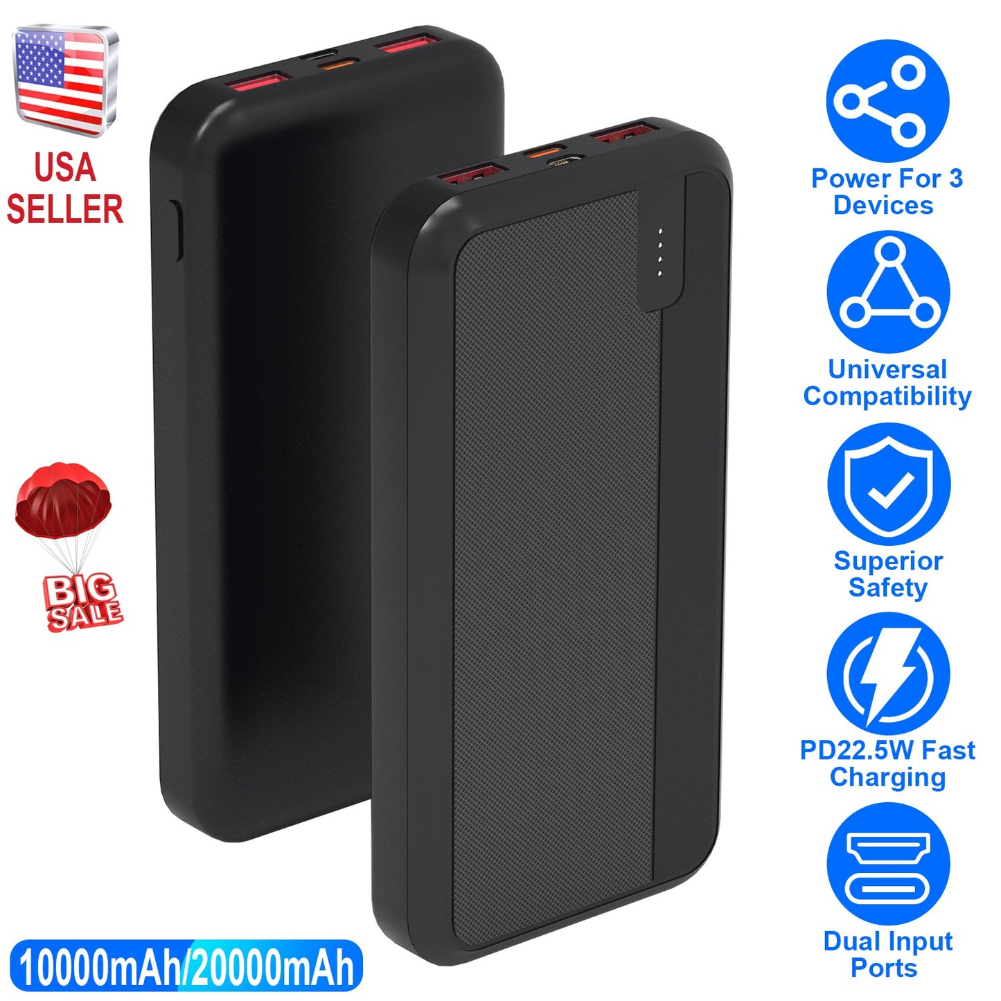 10000mAh Fast Charging Power Bank with PD 22.5W USB-C Cable