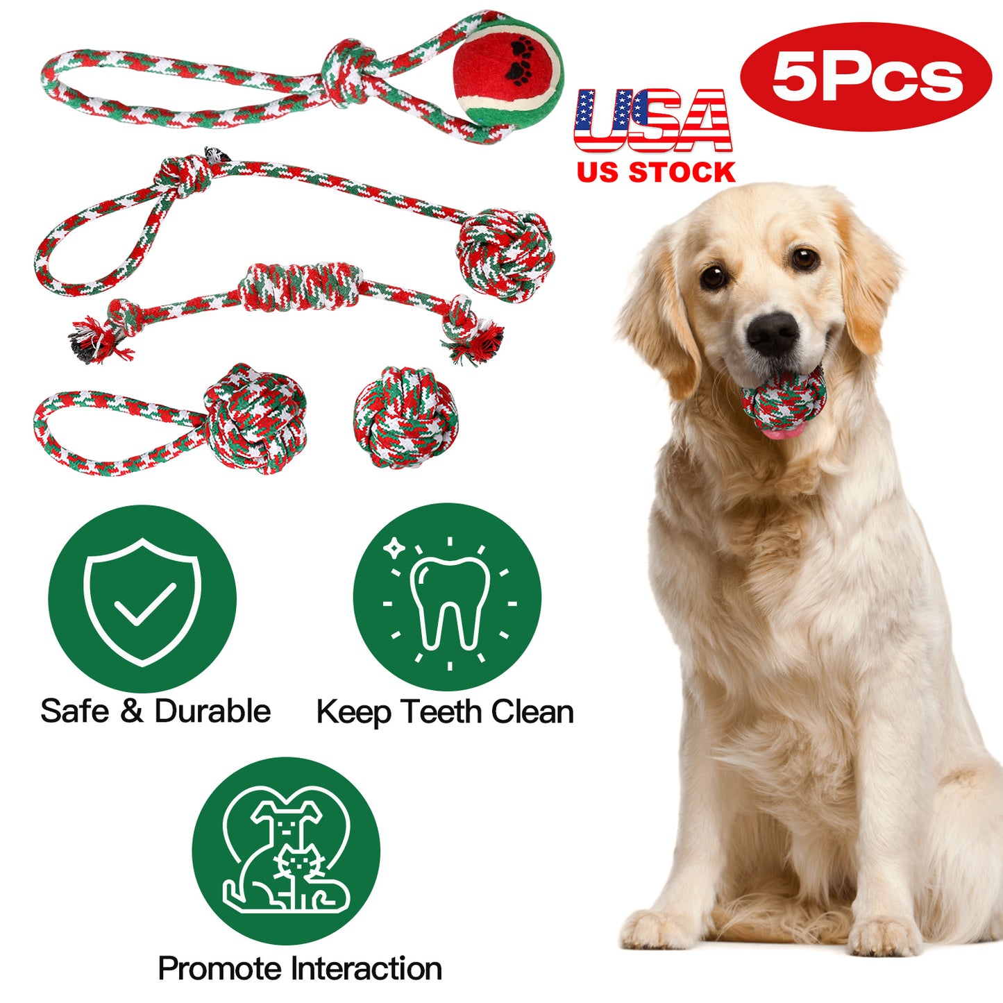 Dog Rope Chew Toys Set - 5 Piece Christmas Interactive Play