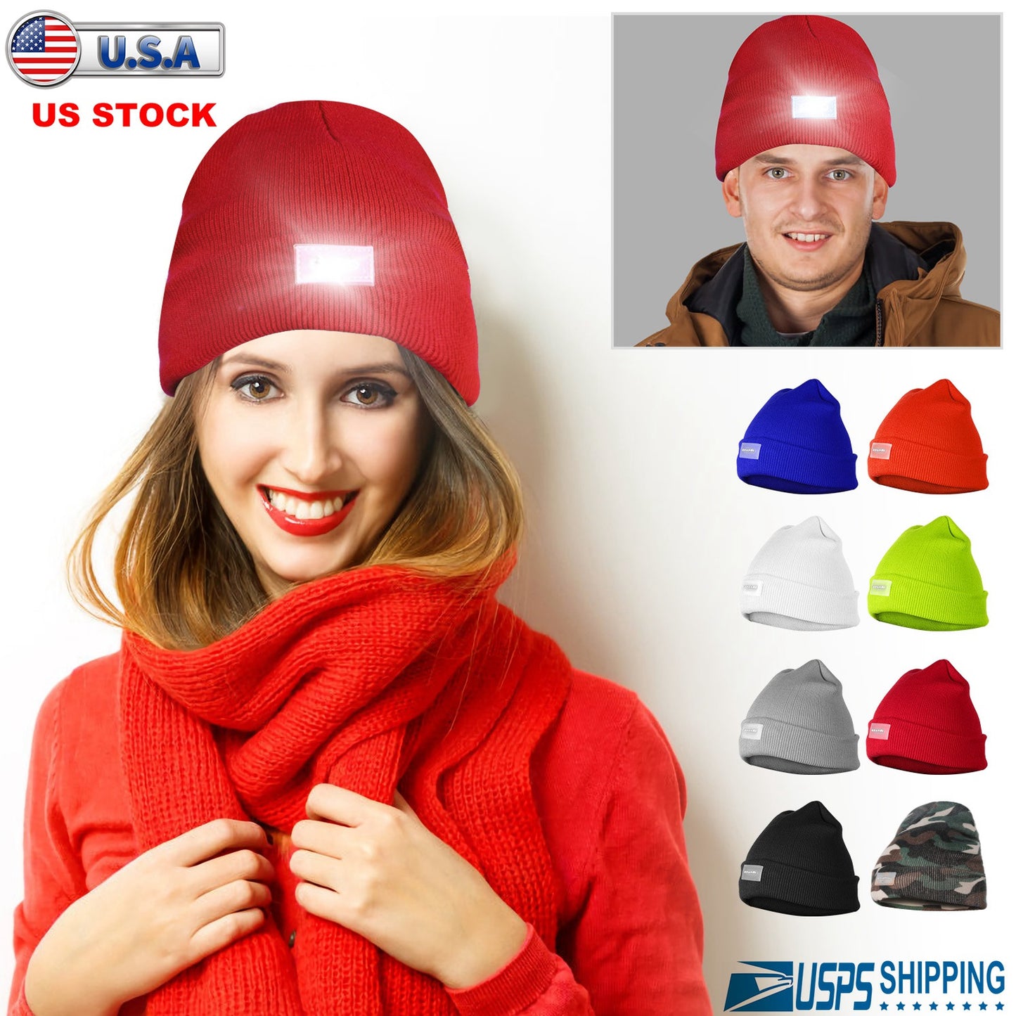 LED Knitted Beanie with Built-In Headlamp for Hands-Free Light
