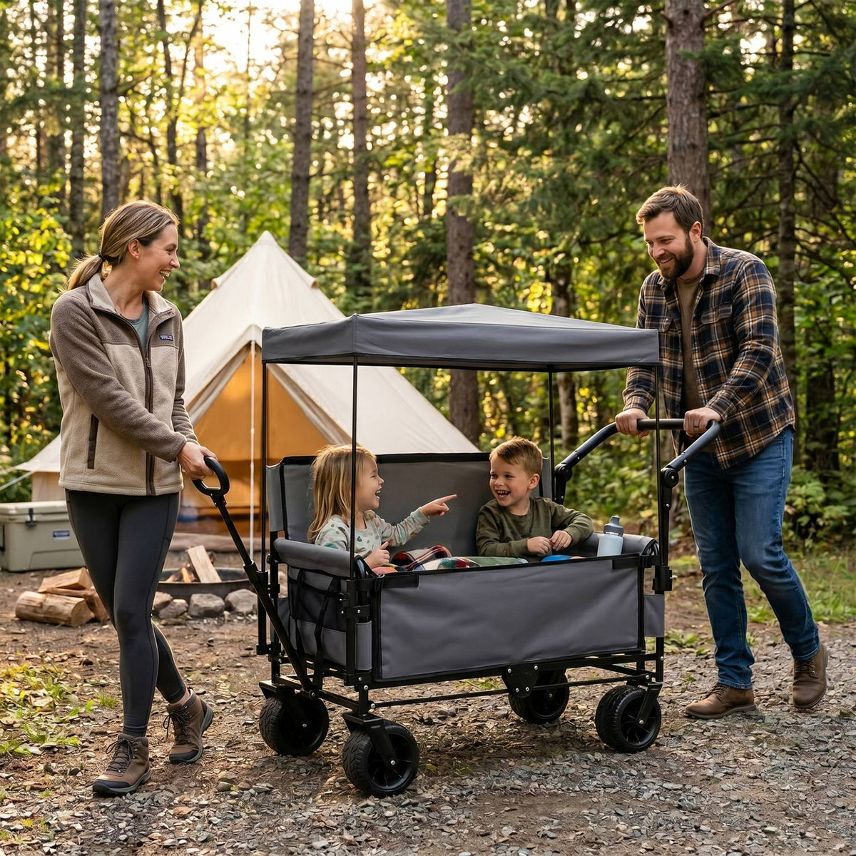 Folding Wagon Cart with Bench Seat & Canopy, 500lbs Capacity