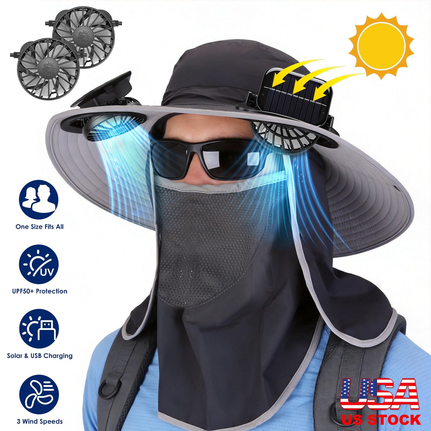 Solar Fan Hat with UPF50+ Sun Protection and Neck Flap