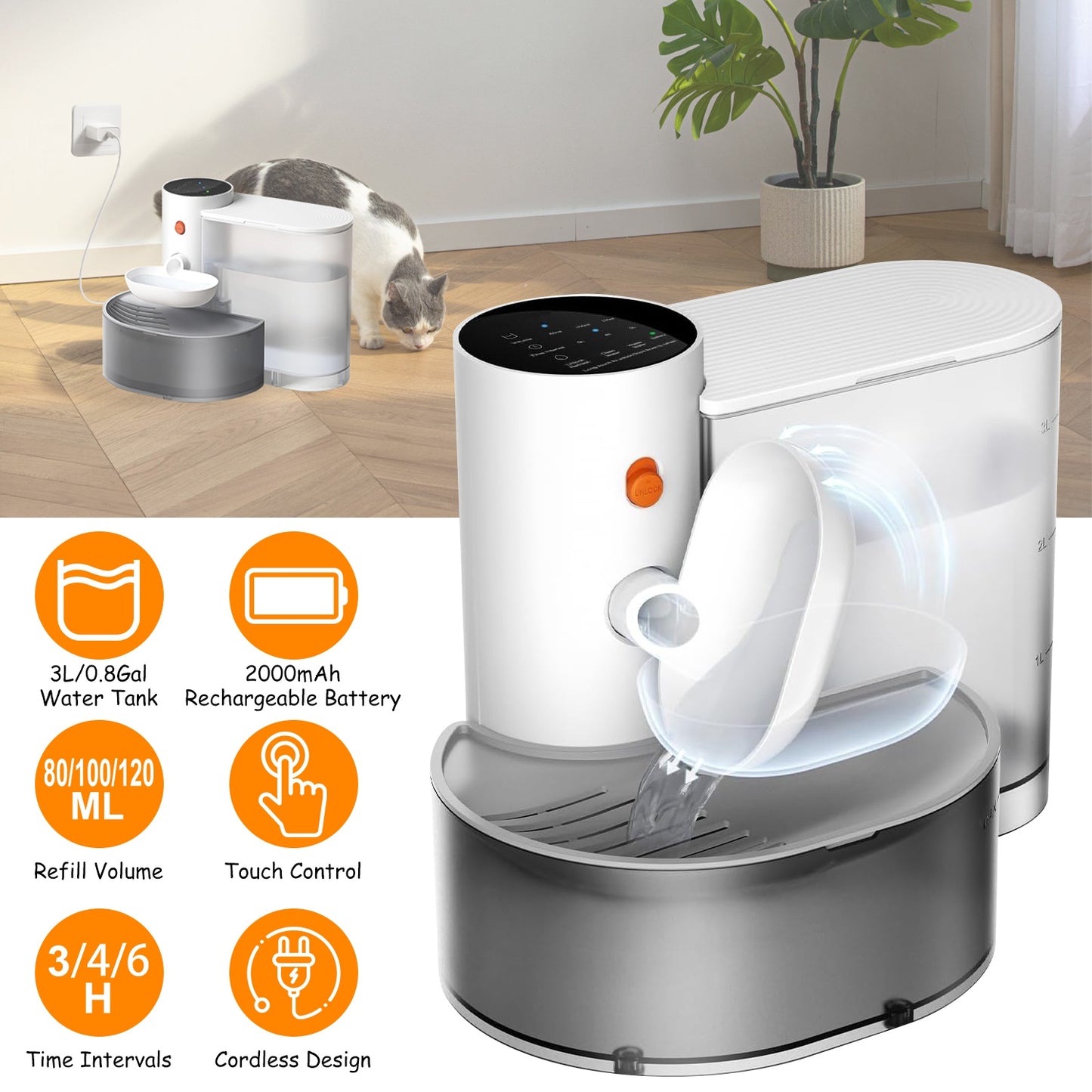Automatic Pet Water Fountain 3L Cordless Self-Refilling Dispenser