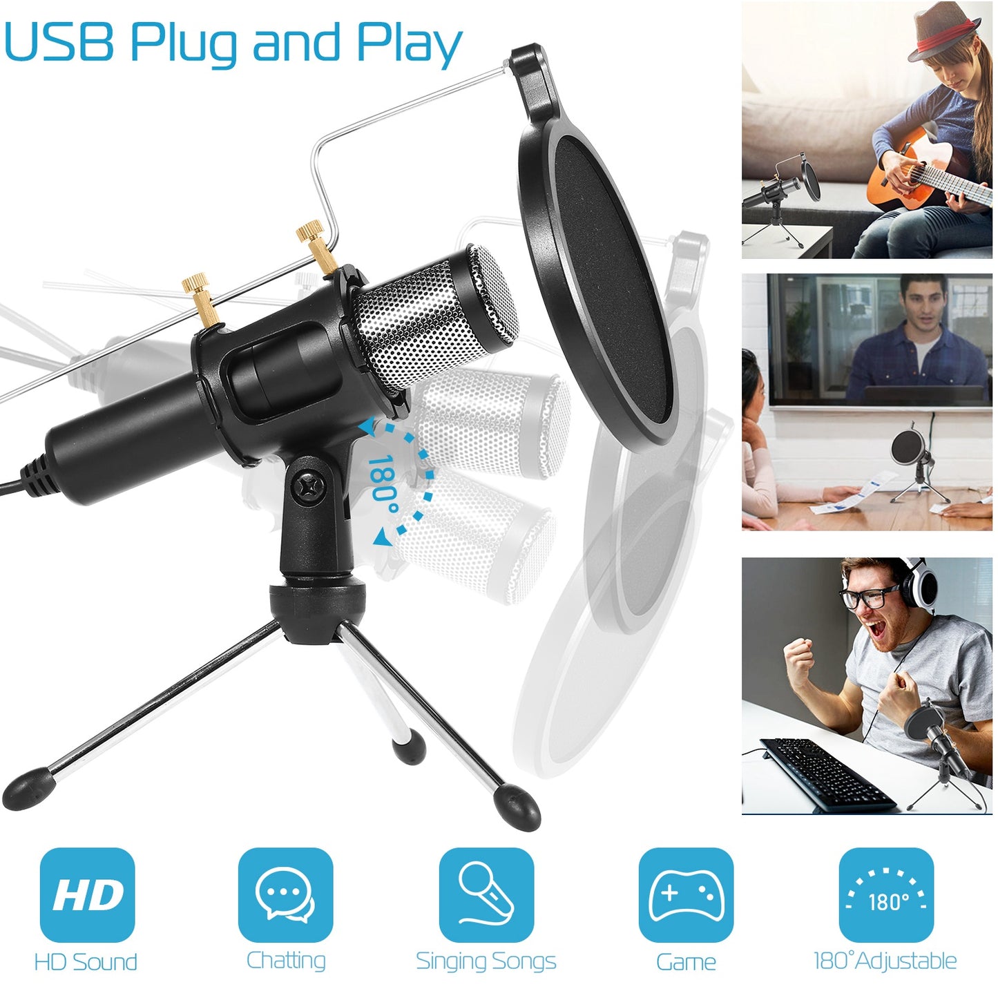 USB Condenser Microphone with Tripod Stand & Pop Filter