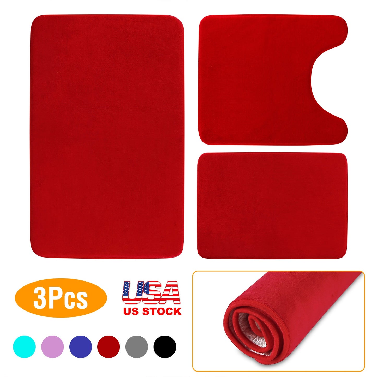 Bathroom Rug Set 3-Piece Plush Memory Foam Non-Slip