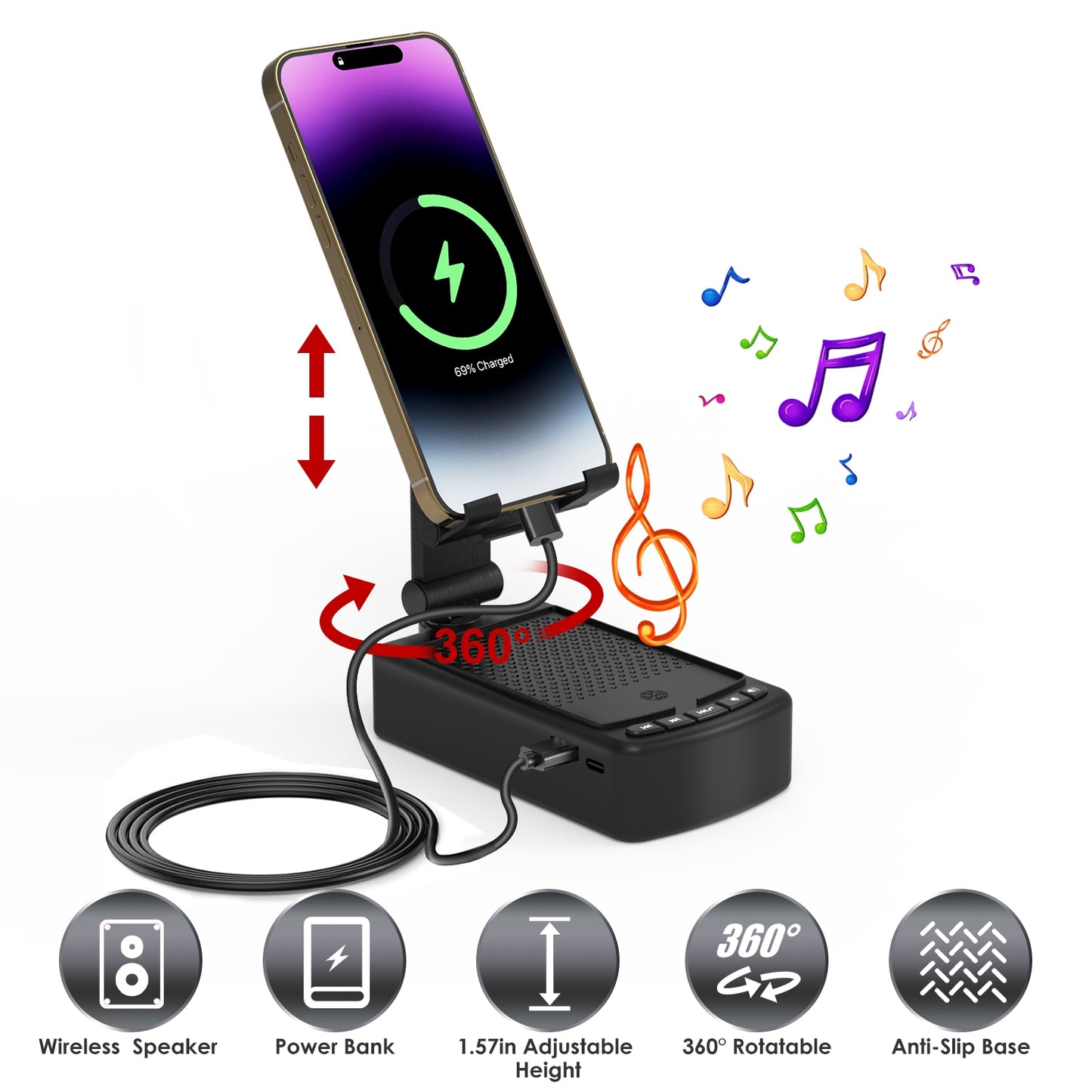 3-in-1 Phone Stand with Wireless Speaker & Power Bank