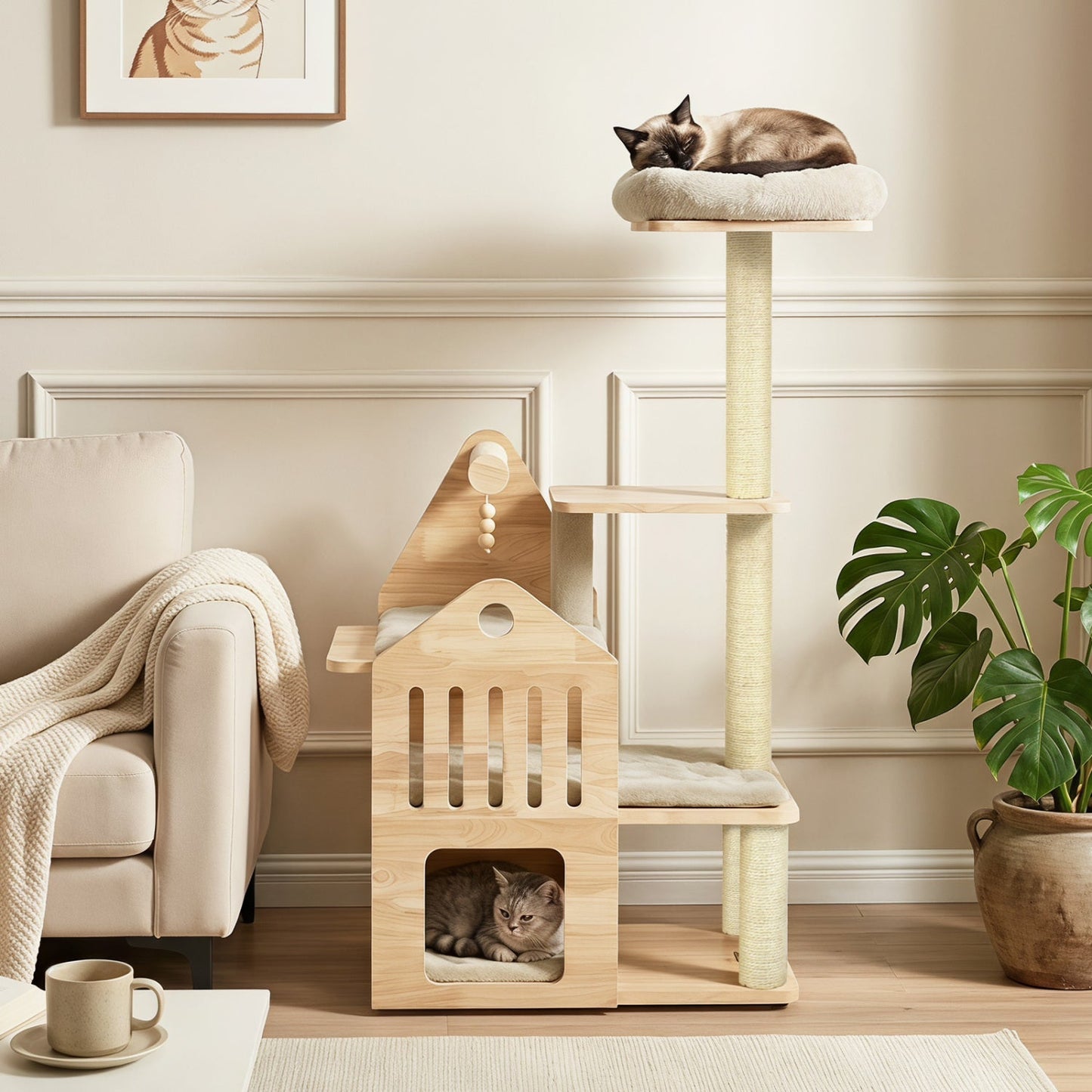 Multi-Level Solid Wood Cat Tree 48.5" with Condo & Scratchers