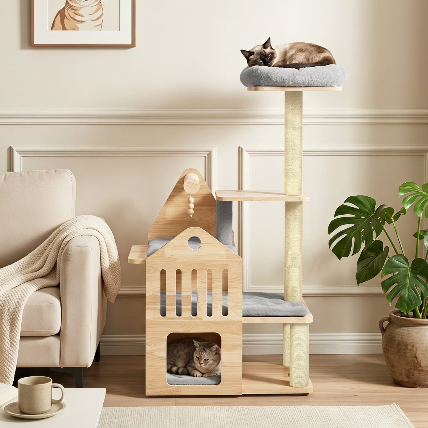 Multi-Level Solid Wood Cat Tree 48.5" with Condo & Scratchers