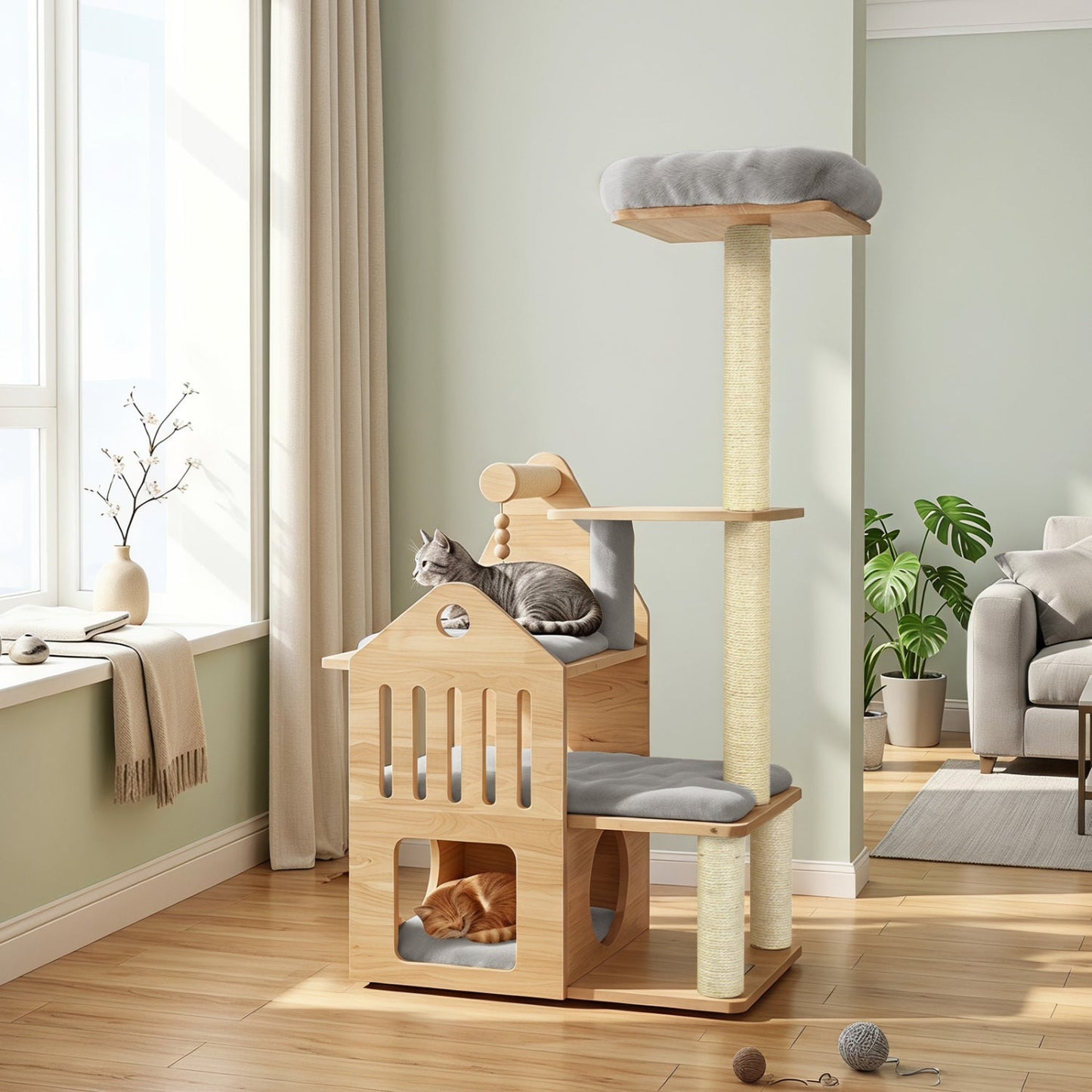 Multi-Level Solid Wood Cat Tree 48.5" with Condo & Scratchers