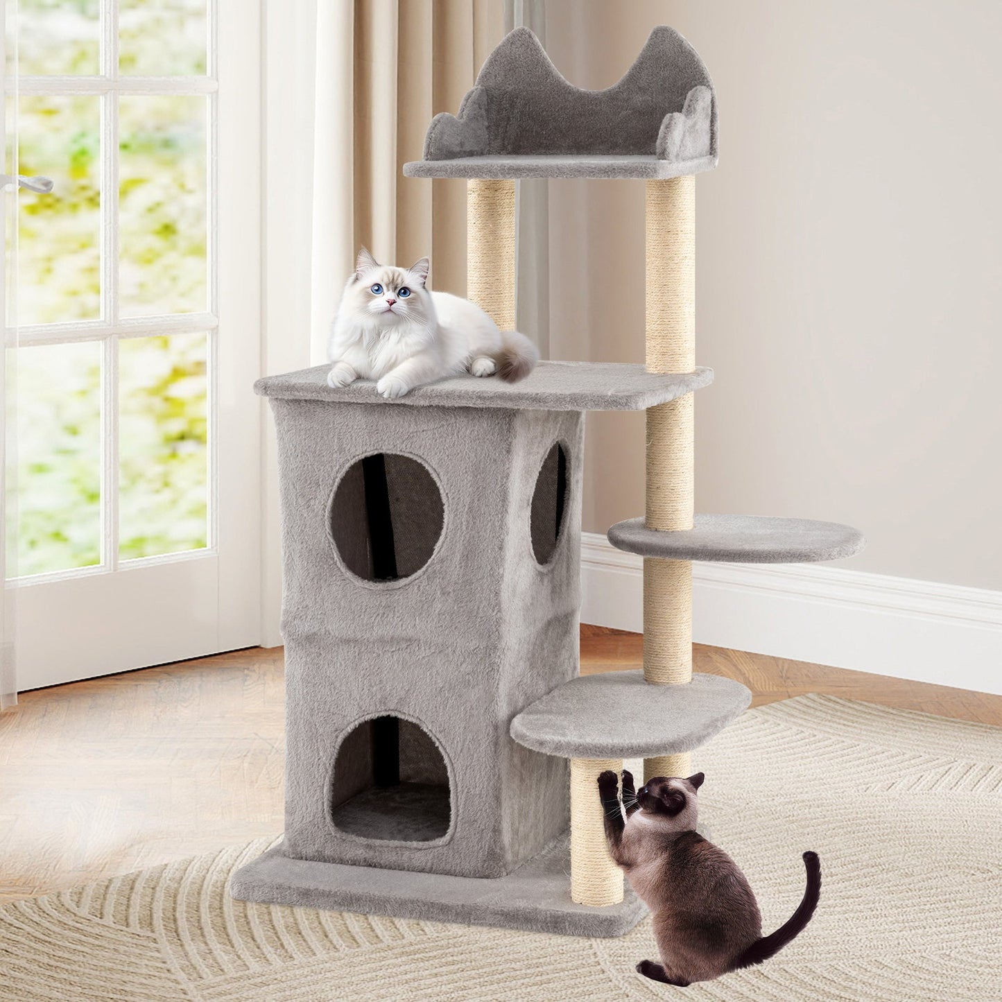 48.5 inch Cat Tree with 2-story Condo and 3 Hideaway Caves for Large Cats-Gray