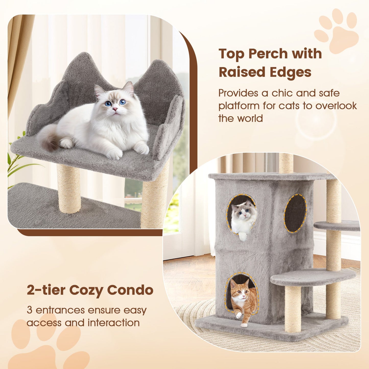 48.5 inch Cat Tree with 2-story Condo and 3 Hideaway Caves for Large Cats-Gray