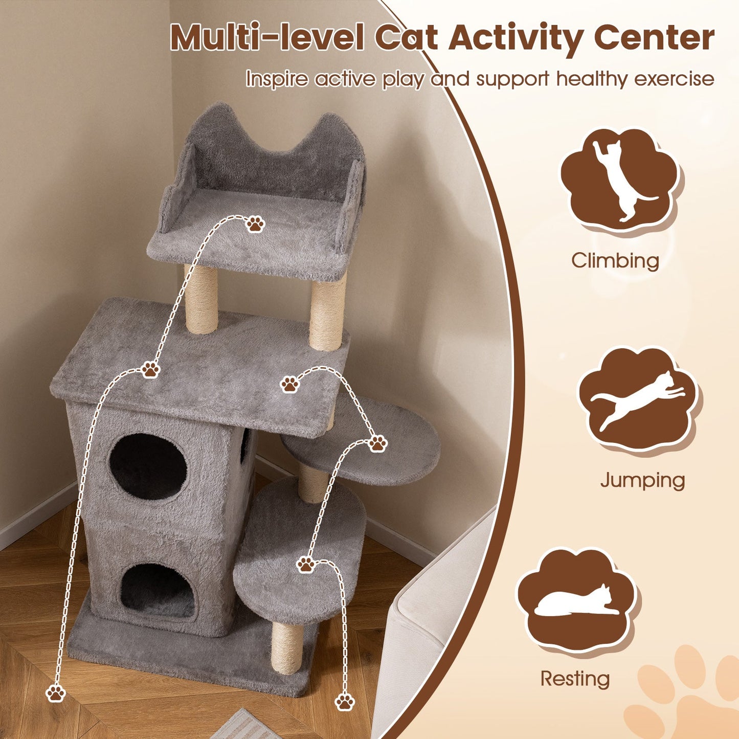 48.5 inch Cat Tree with 2-story Condo and 3 Hideaway Caves for Large Cats-Gray
