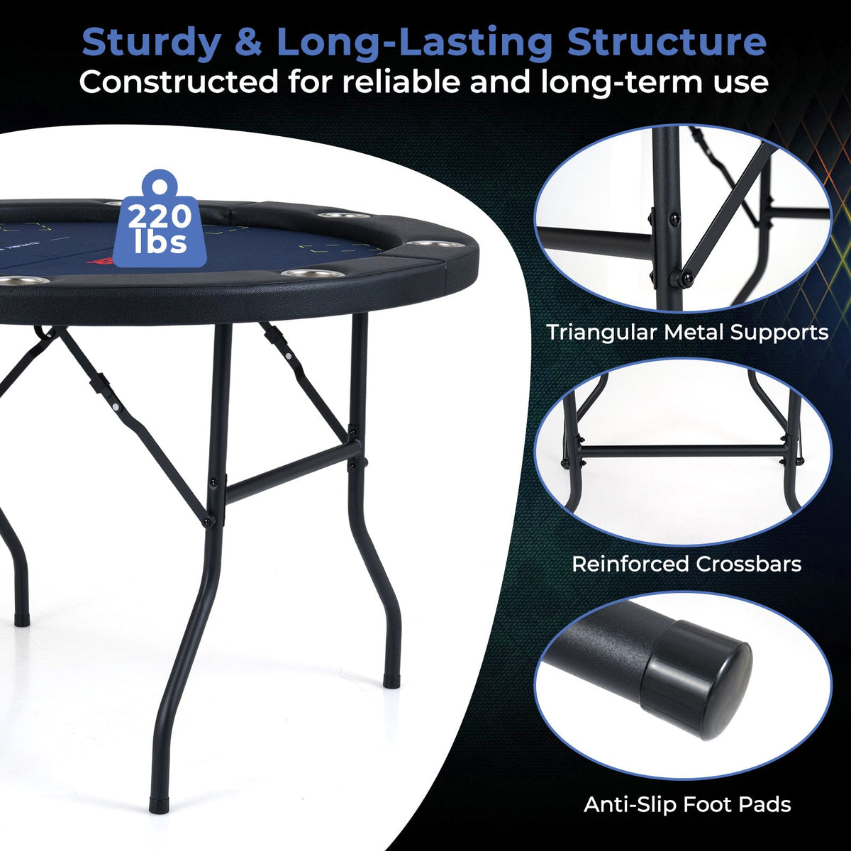 48 Inch Foldable Poker Table with 8 Cup Holders and Padded Edges