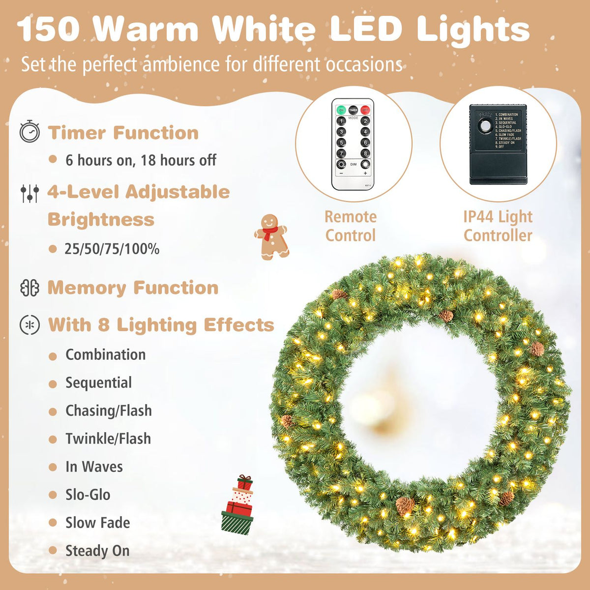 48 Inch Large Pre-Lit Artificial Christmas Wreath