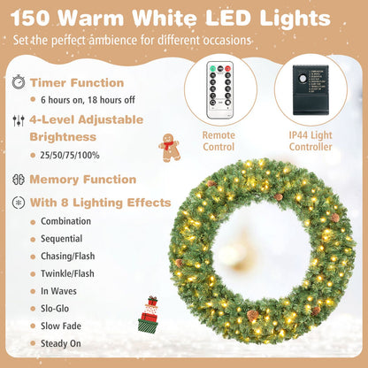 48 Inch Large Pre-Lit Artificial Christmas Wreath