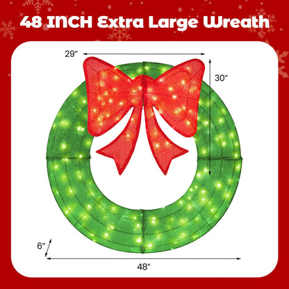 48 Inch Pre-Lit Lighted Christmas Mesh Wreath with Bow and 200 LED Bulbs