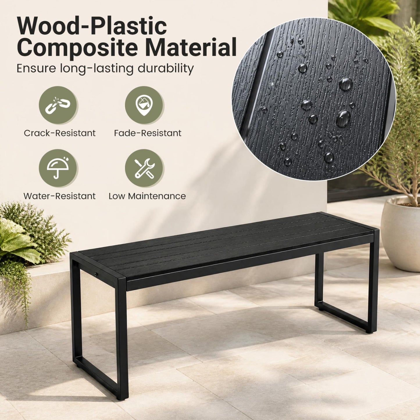 48" Outdoor Bench with Wood-Plastic Composite Seat - Black