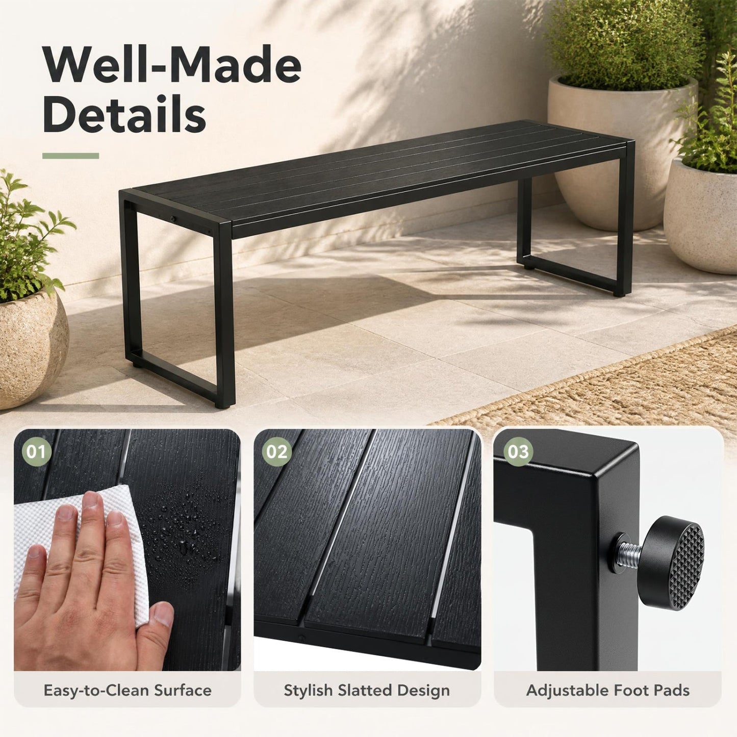 48" Outdoor Bench with Wood-Plastic Composite Seat - Black