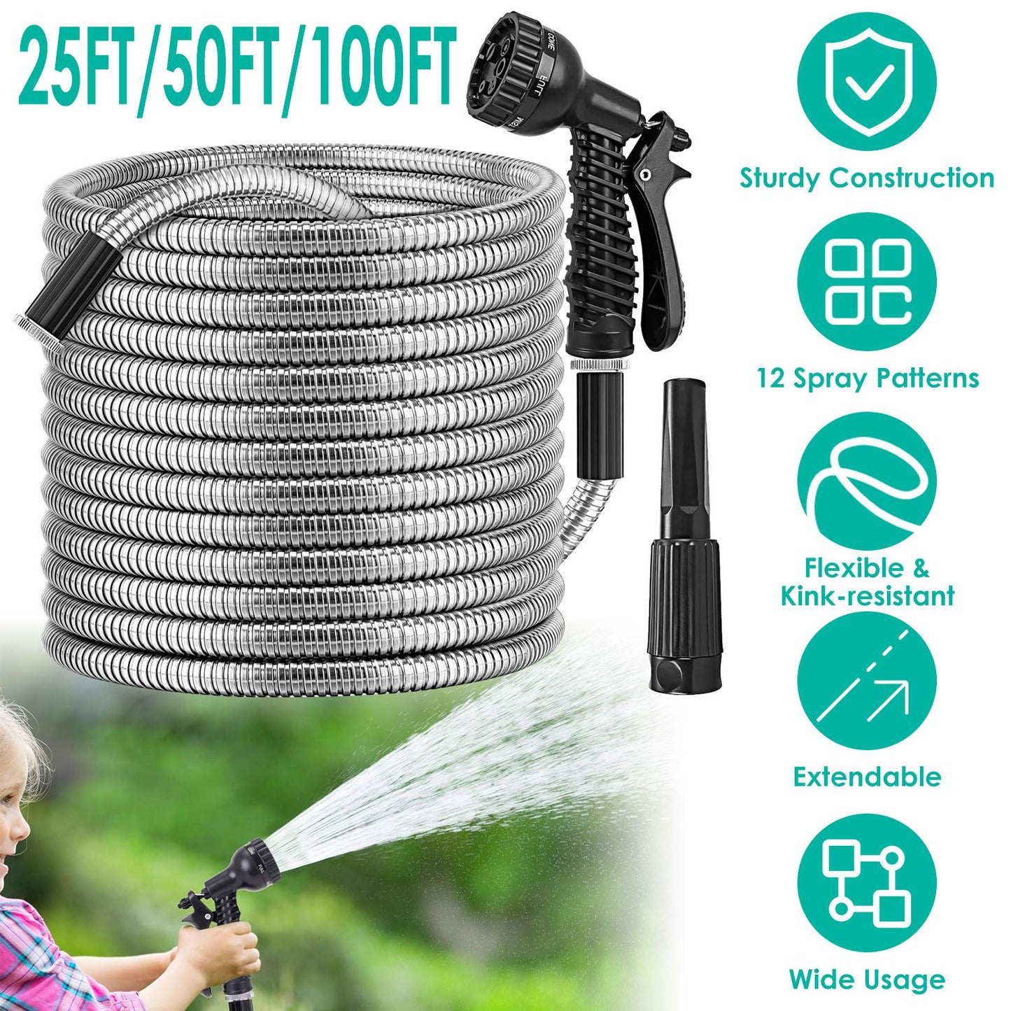 Stainless Steel Garden Hose with Dual Spray Nozzles