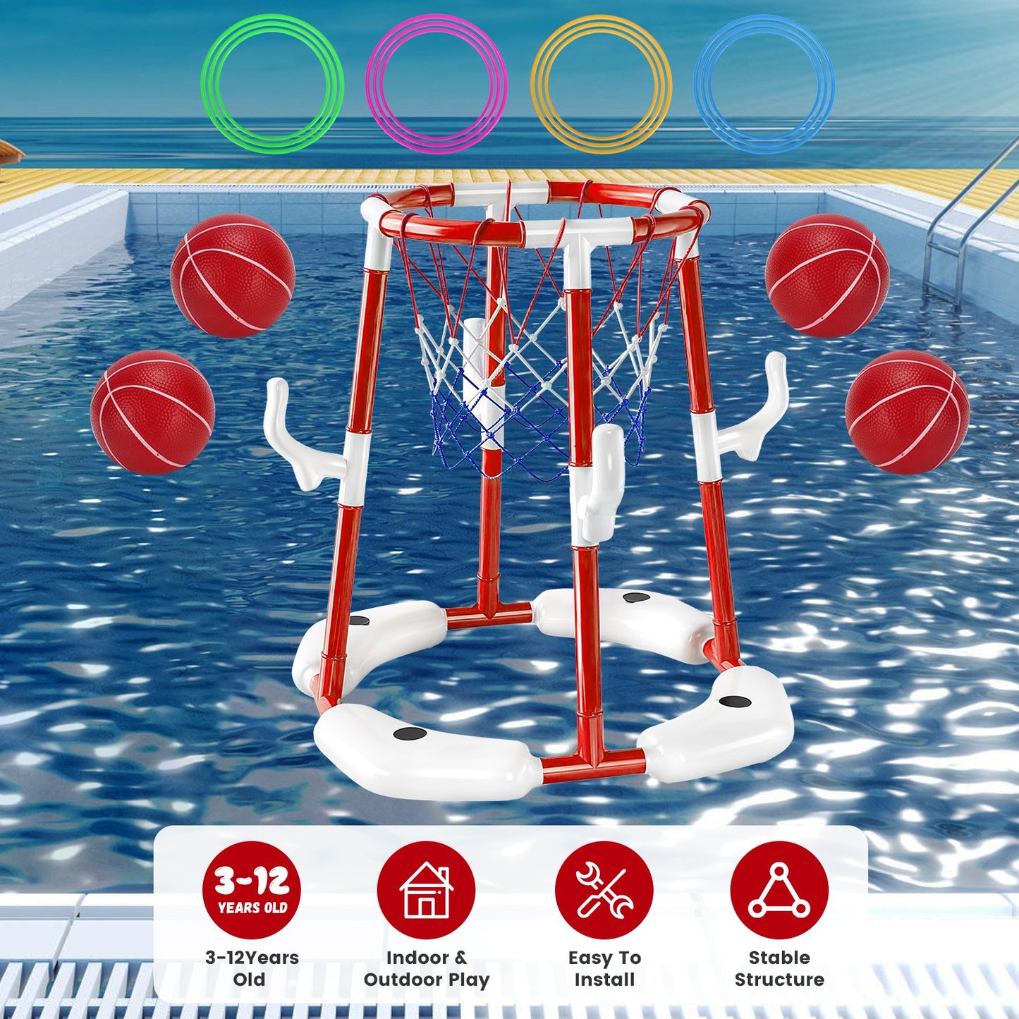 Pool Basketball Hoop Set with 4 Balls & Pump for Kids
