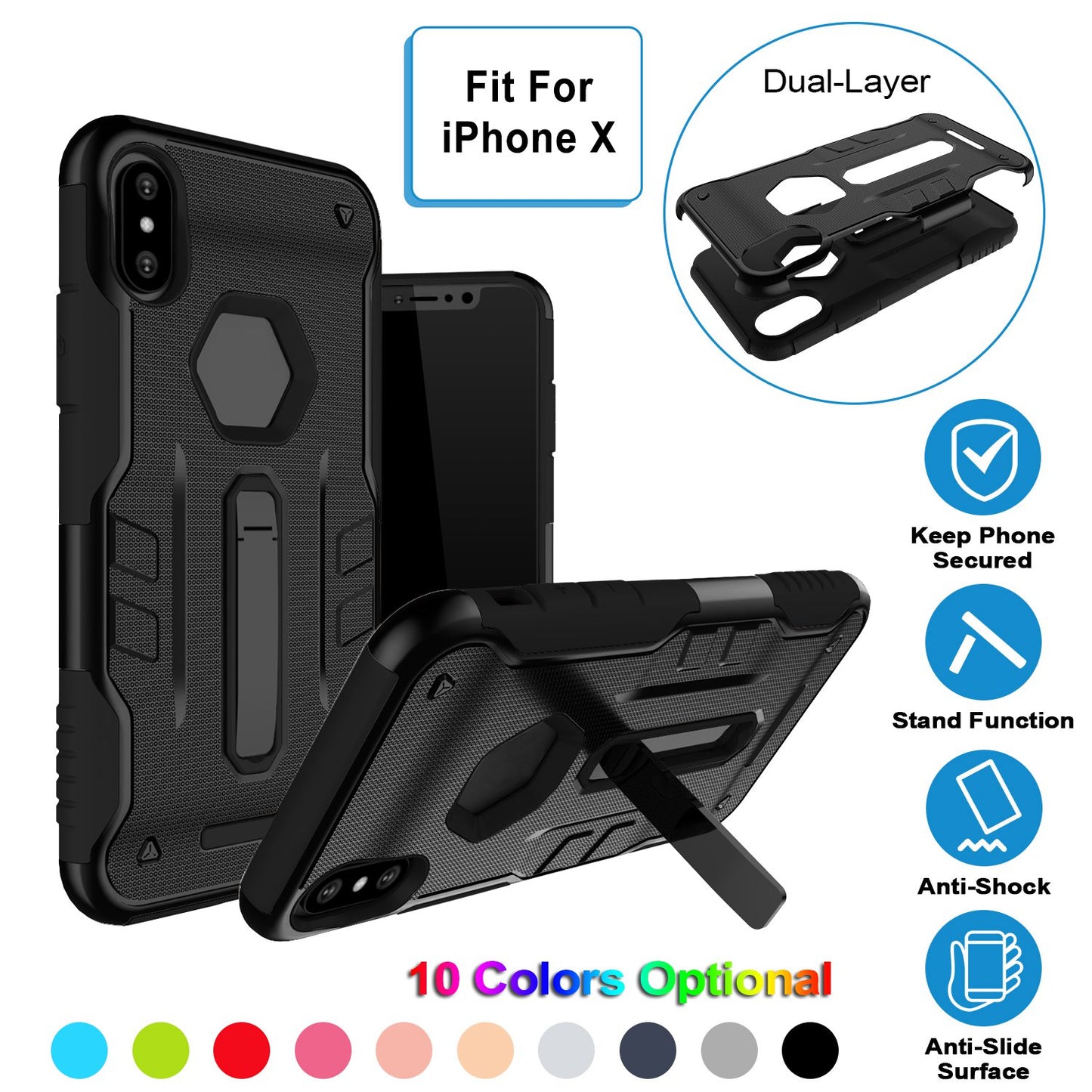 iPhone X Rugged Case with Kickstand - Dual Layer Protection