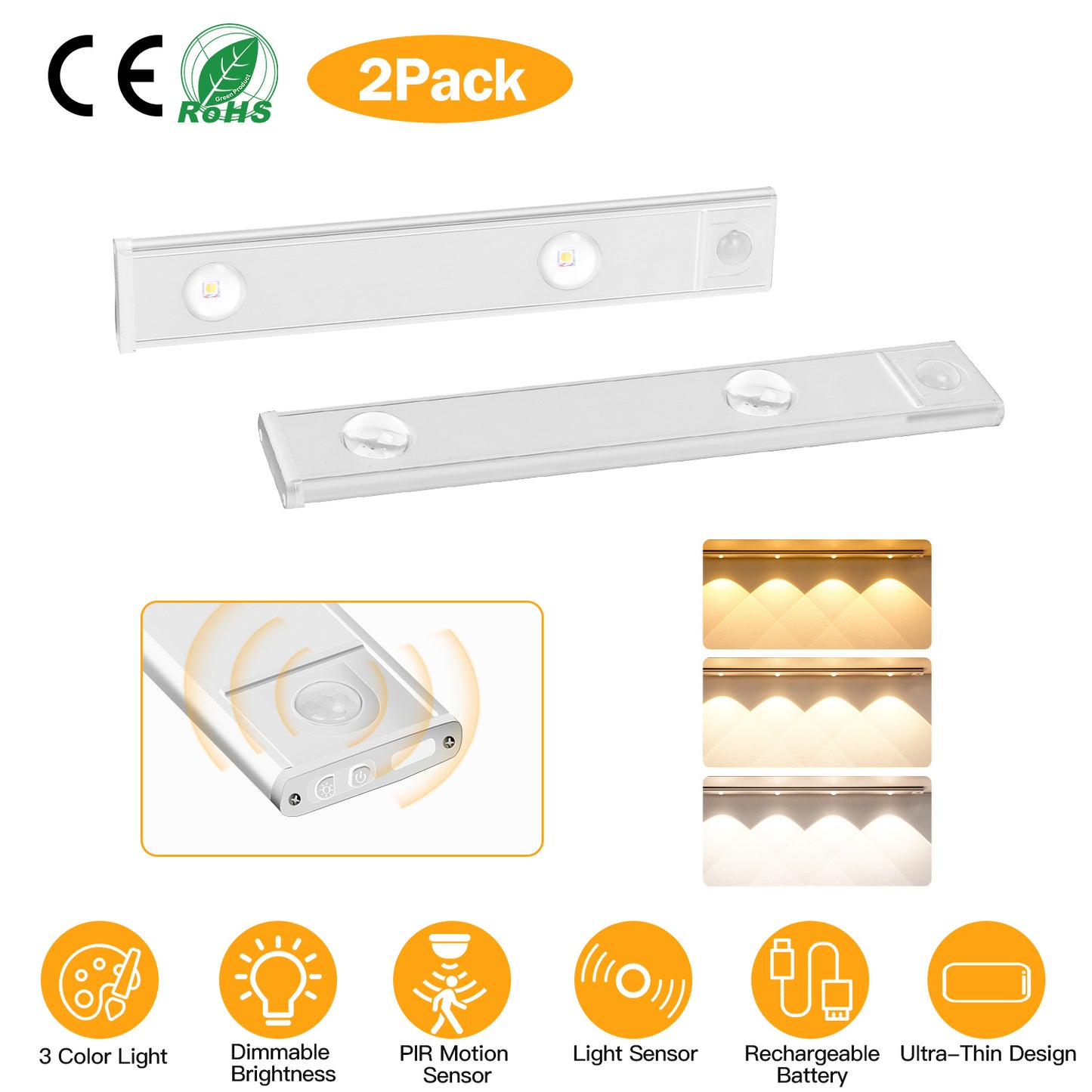 Rechargeable Motion Sensor Cabinet Light 2-Pack with 3 Colors