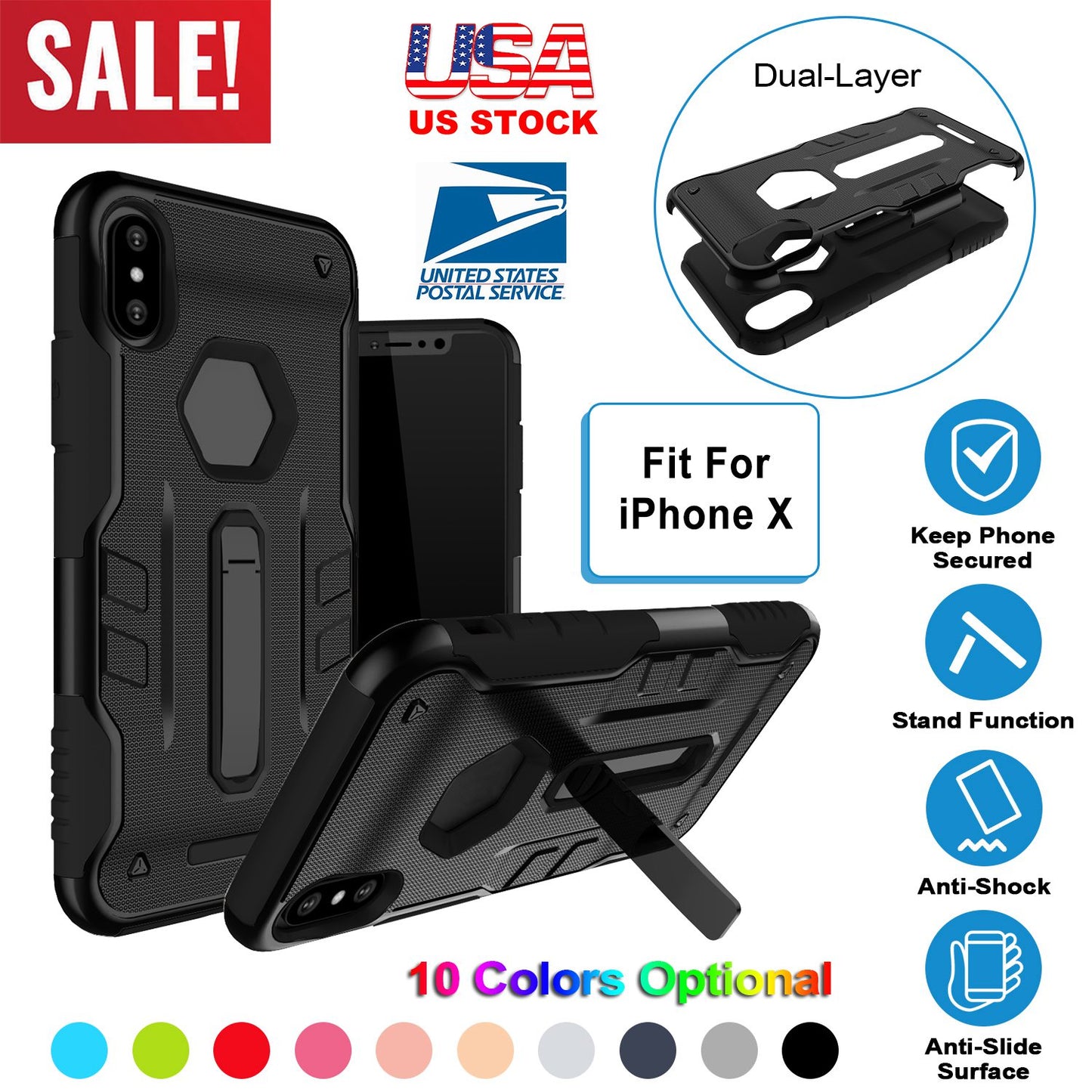 iPhone X Rugged Case with Kickstand - Dual Layer Protection