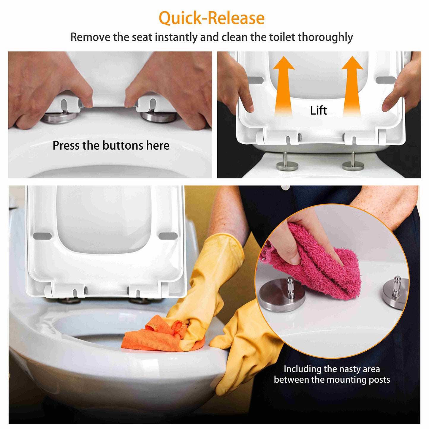 Square Toilet Seat with Quiet-Close and Quick-Release
