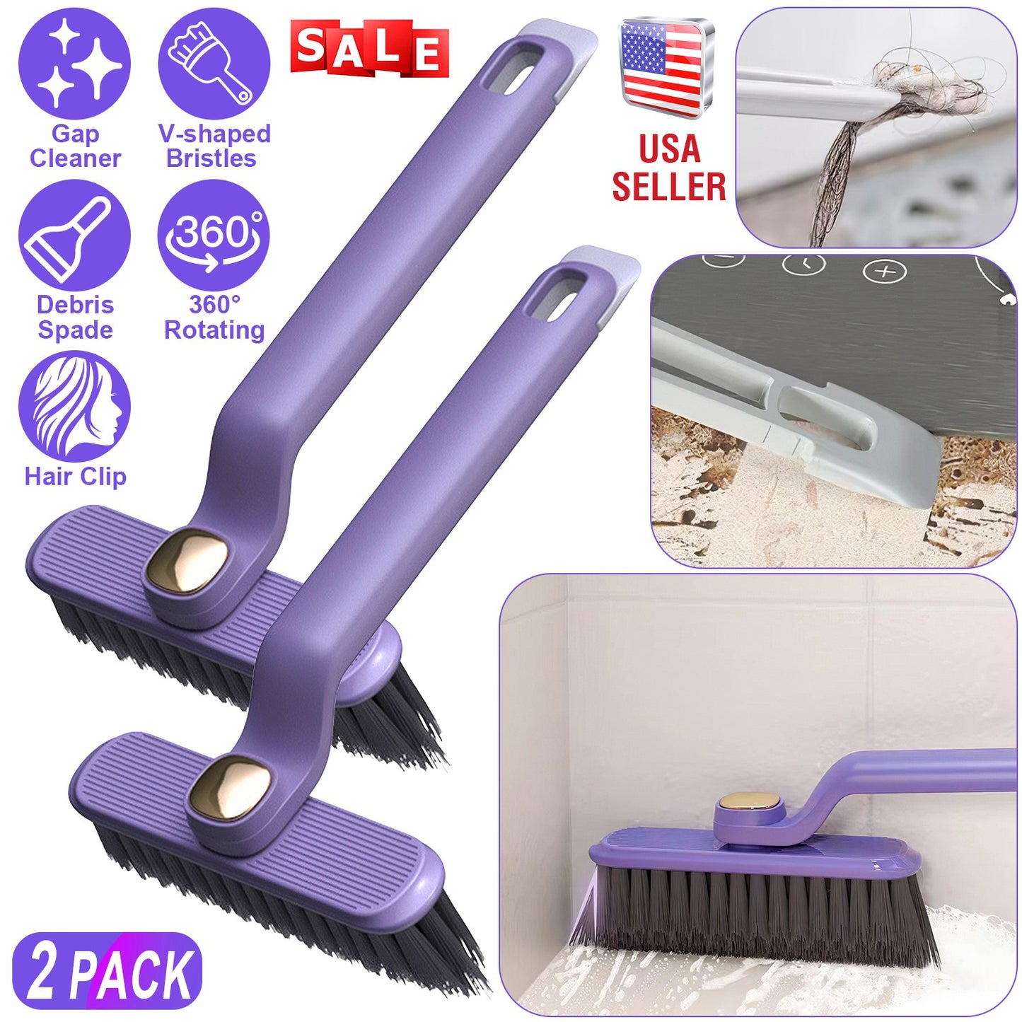 Rotating Crevice Cleaning Brush Set with Hair Clip Tool