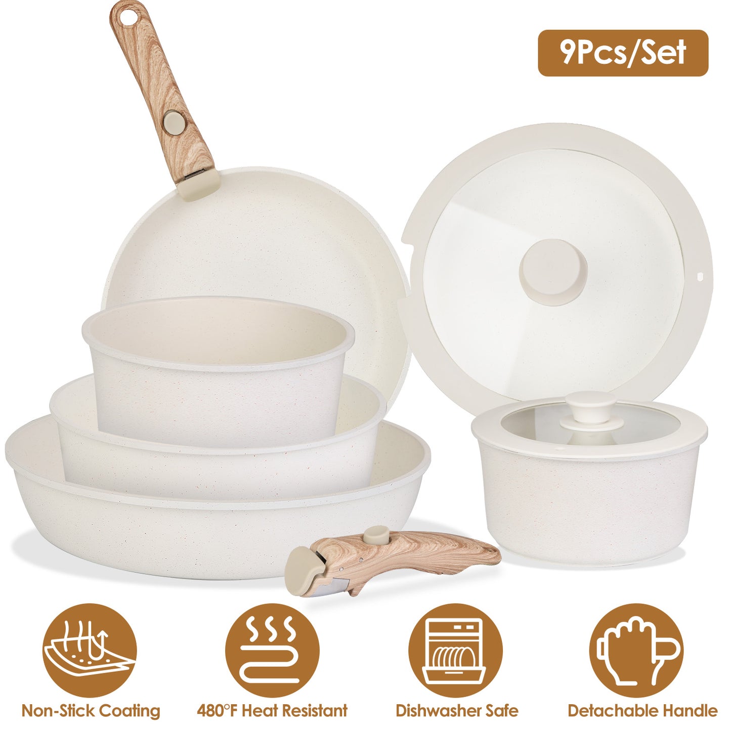 Nonstick Cookware Set 9-Piece with Detachable Handles