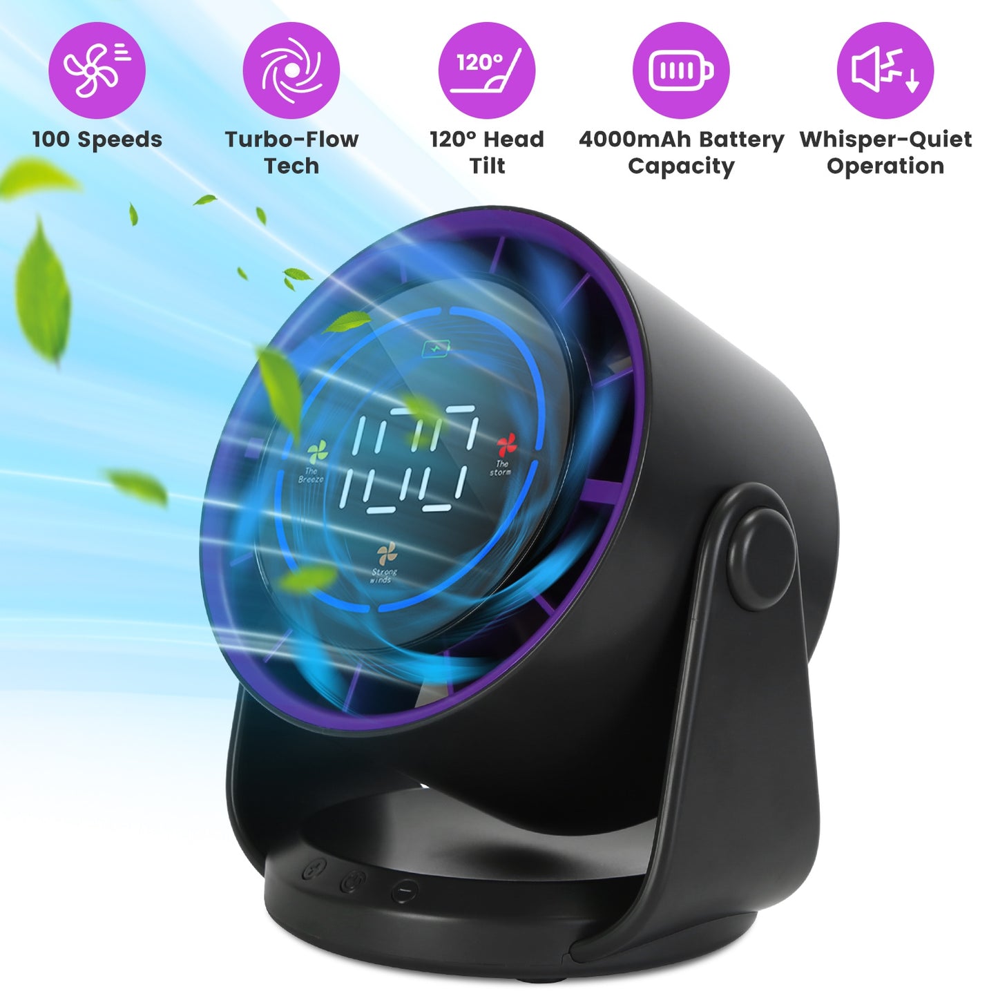 Rechargeable Desk Fan with 100 Speed Settings & Wall Mount
