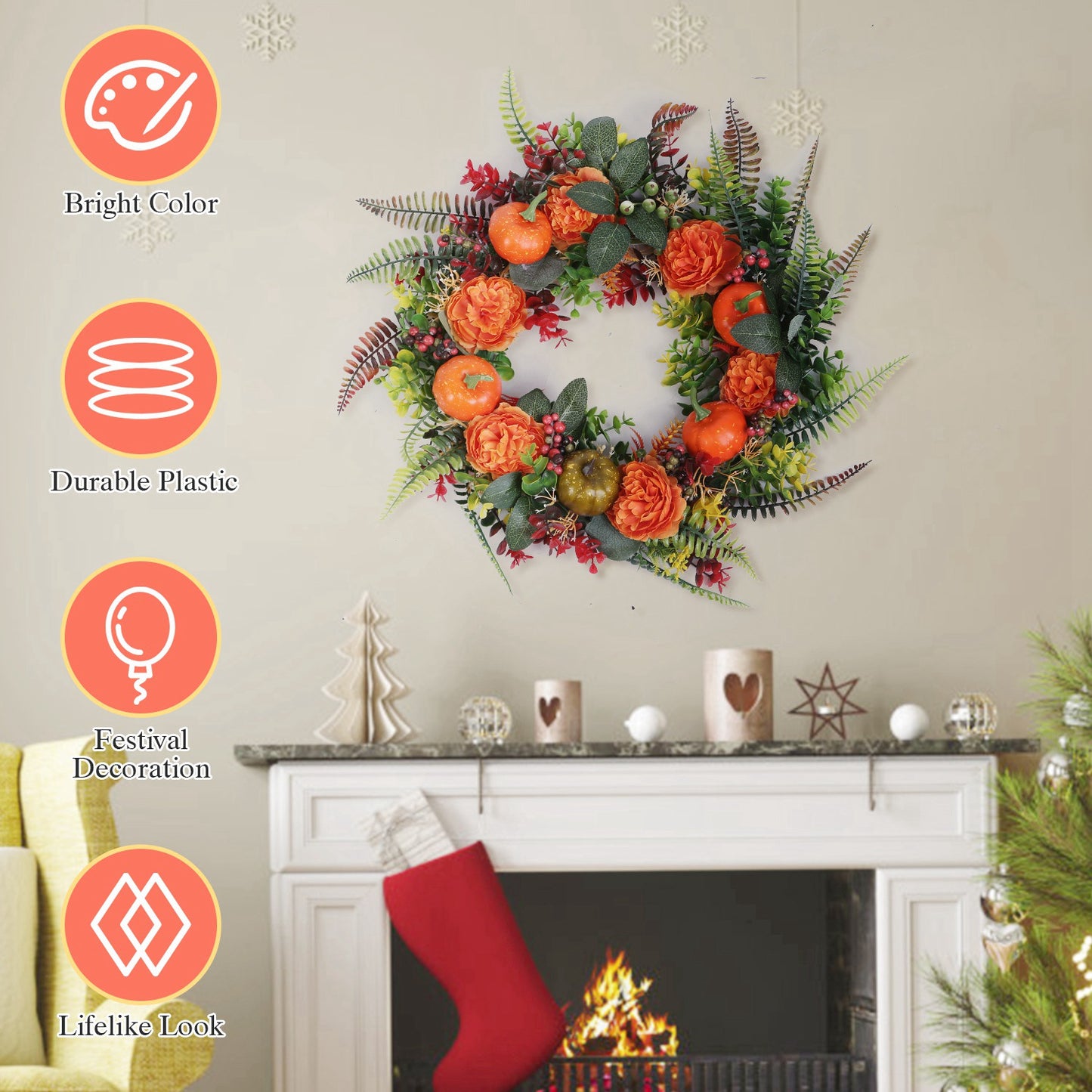 Autumn Wreath with Pumpkin and Mixed Leaves 17.71 Inch