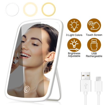 5.98x8.62in Lighted Makeup Mirror Vanity Desk Mirror Small LED Mirror with 3 Light Colors Touch Screen Brightness Adjustable USB Rechargeable