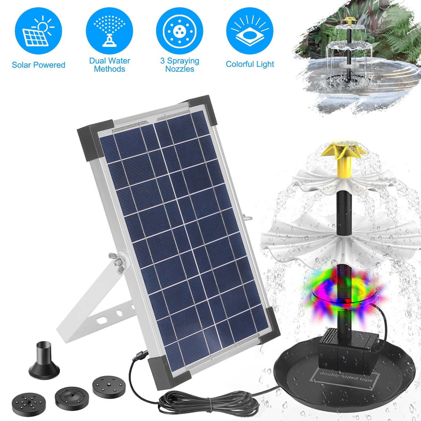 Solar Bird Bath Fountain with LED Lights & Battery Backup