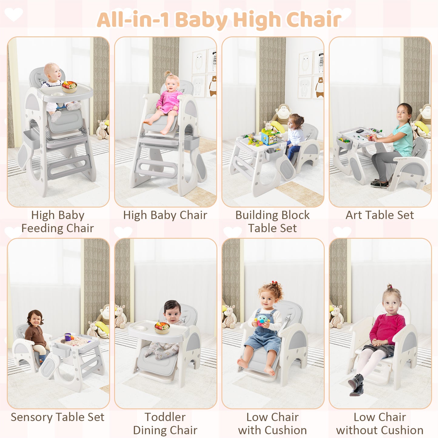 Convertible Baby High Chair with Adjustable Backrest & Tray